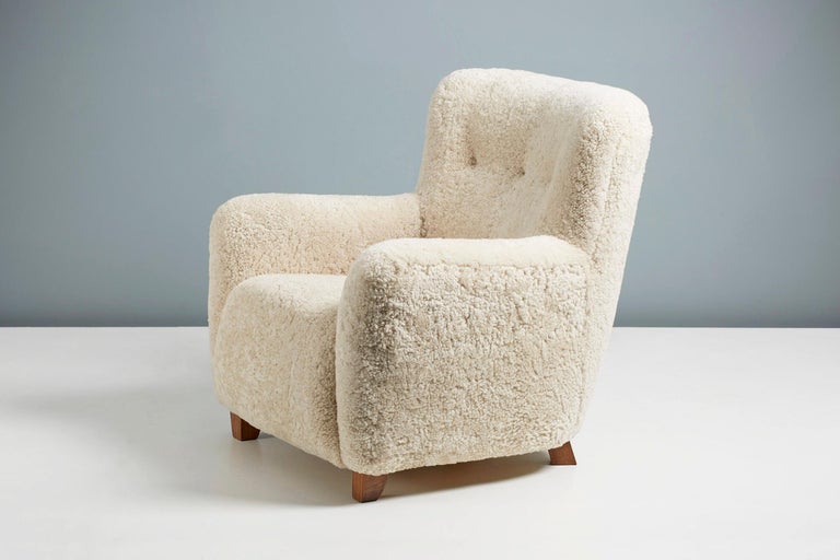 Scandinavian Modern Pair of Jens Houmoller Klemmensen 1930s Sheepskin Lounge Chairs For Sale