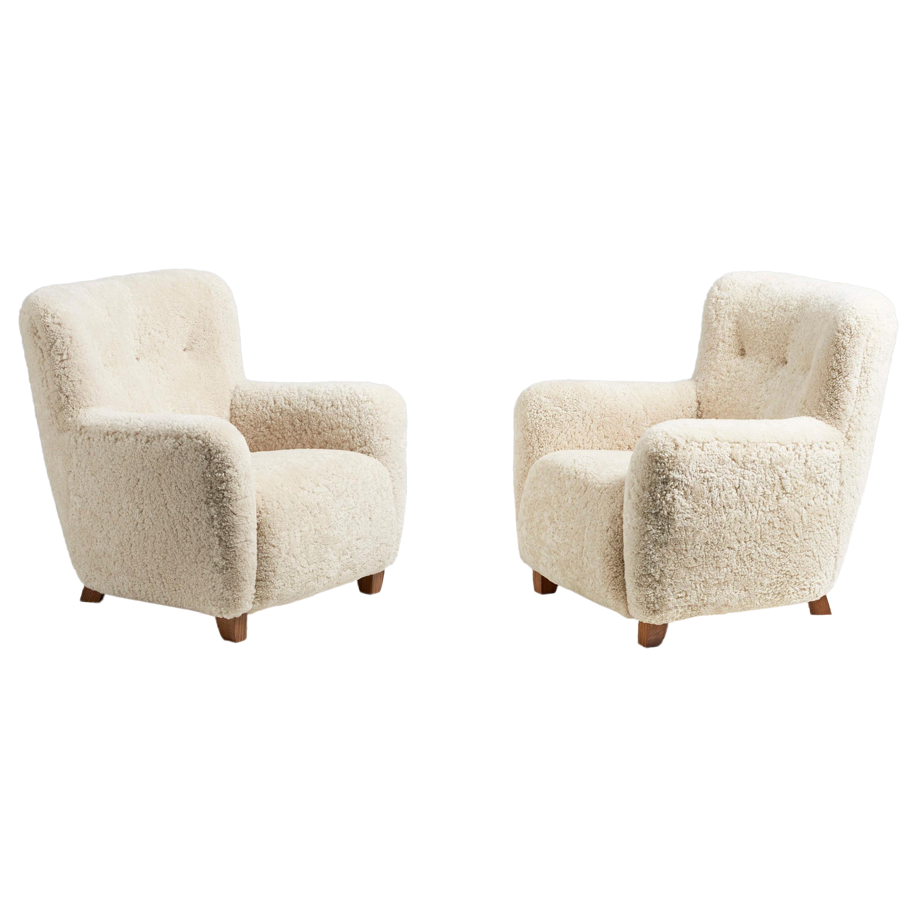 Pair of Jens Houmoller Klemmensen 1930s Sheepskin Lounge Chairs