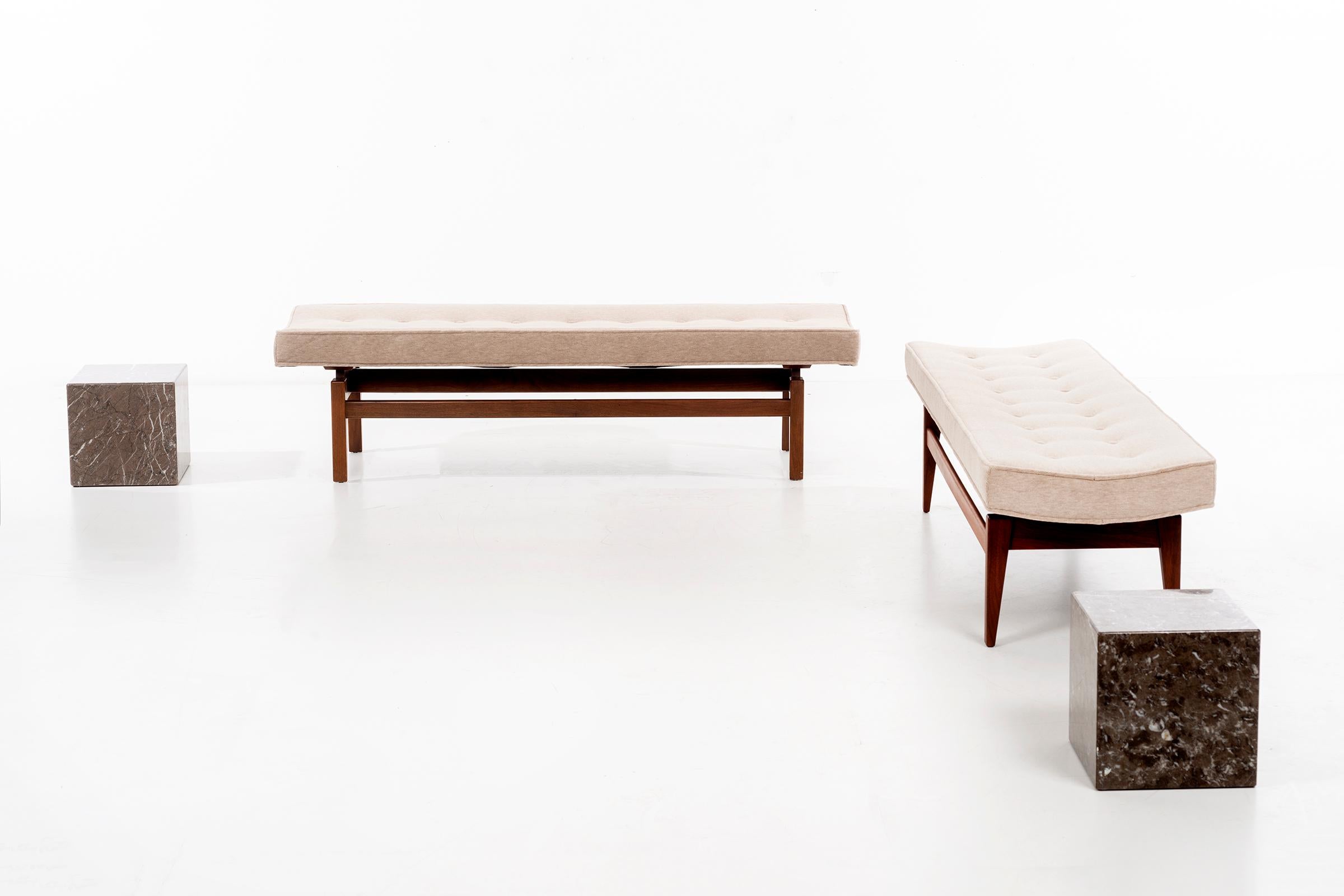 Risom Inc. Pair of benches, model 621, casual seating pair of newly upholstered tufted button mohair with oiled solid walnut frames.