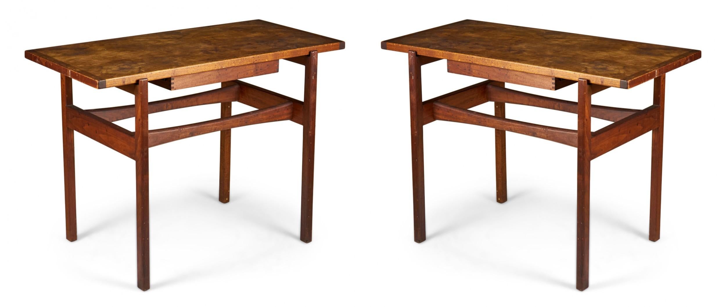 Pair of Jens Risom Danish Mid-Century Walnut Single Drawer Console Tables