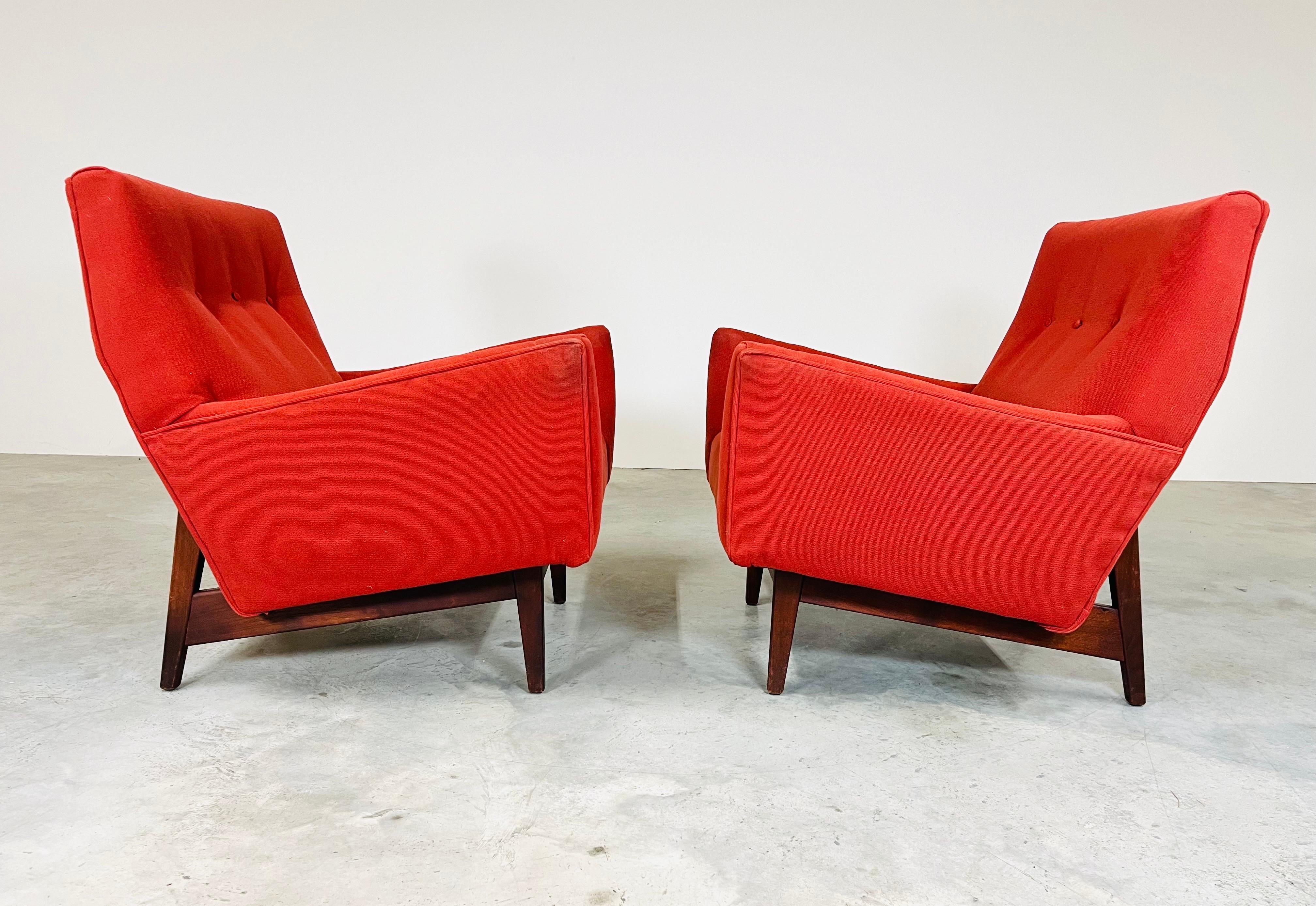 Mid-Century Modern Pair of Jens Risom Easy, Club or Lounge Chairs Having Walnut Frames