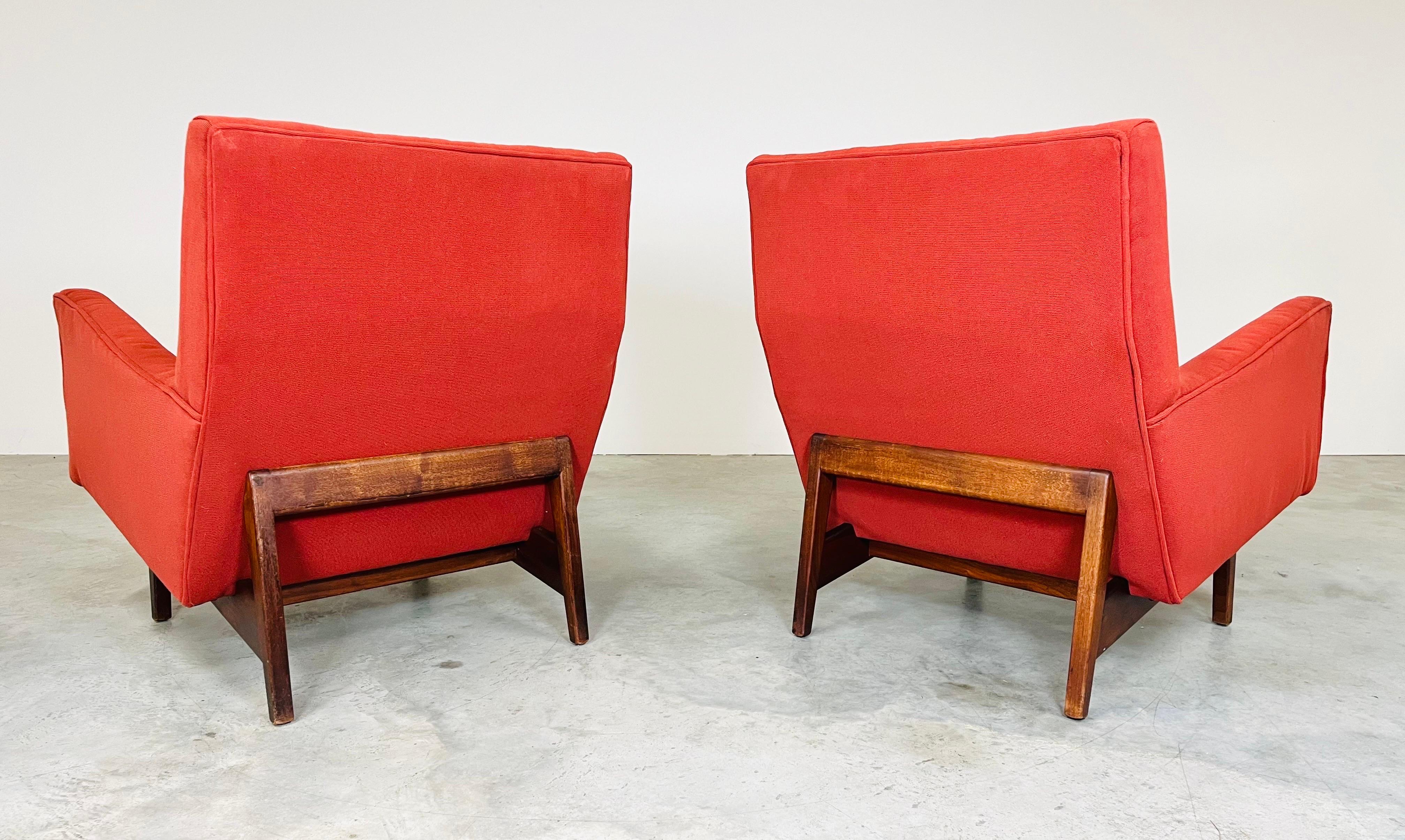 American Pair of Jens Risom Easy, Club or Lounge Chairs Having Walnut Frames