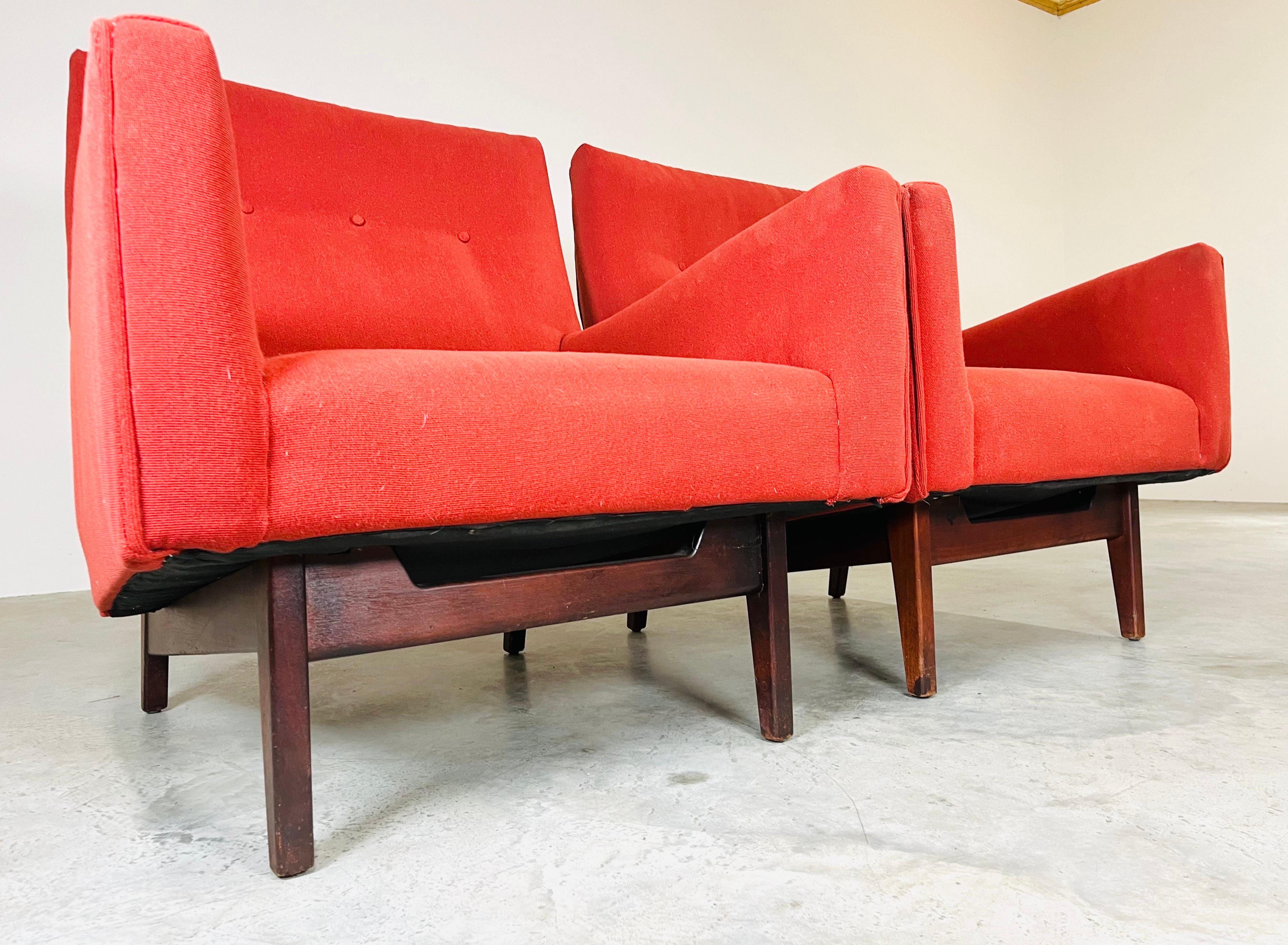 Pair of Jens Risom Easy, Club or Lounge Chairs Having Walnut Frames 1