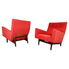 Pair of Jens Risom Easy, Club or Lounge Chairs Having Walnut Frames