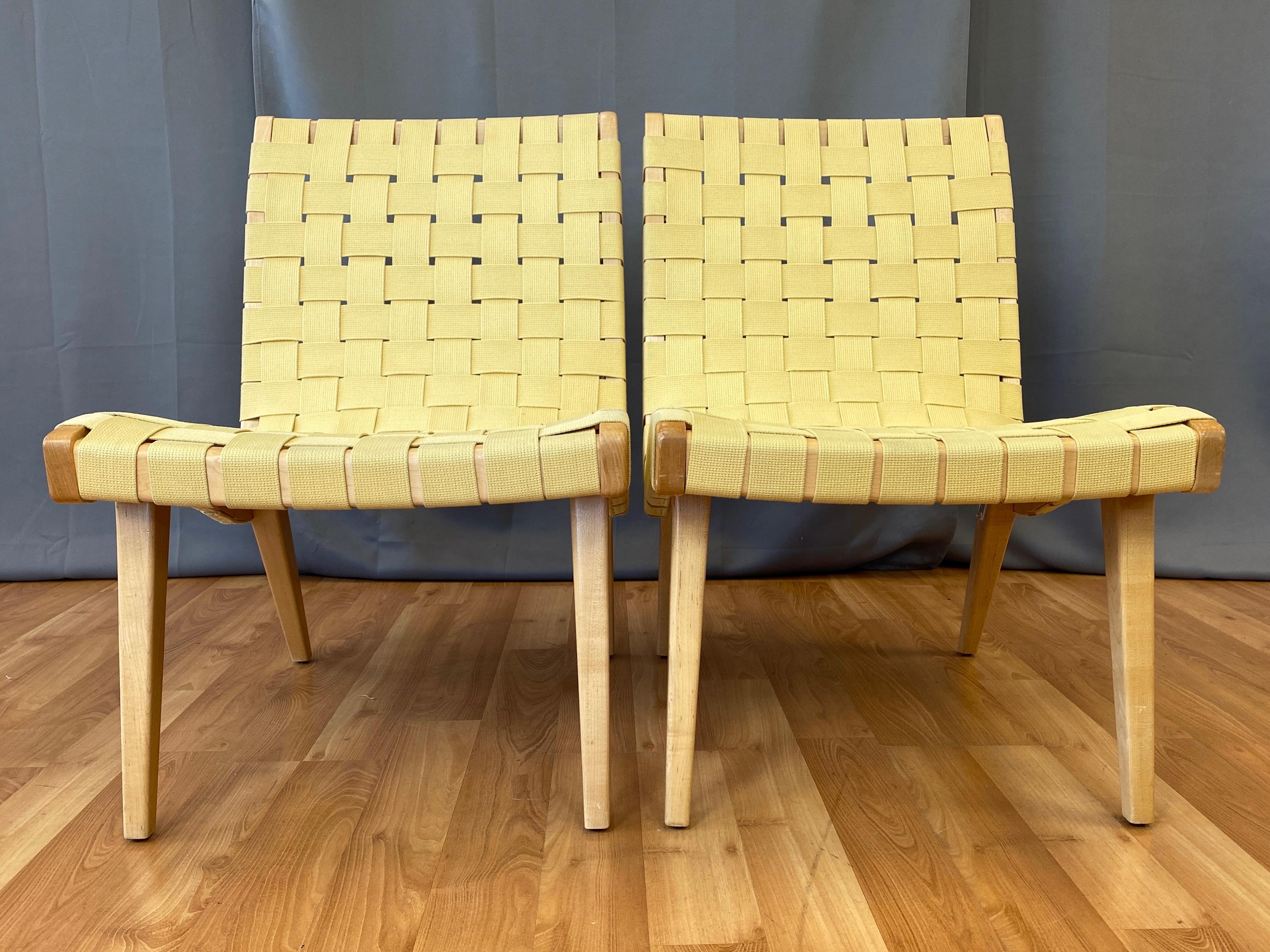 American Pair of Jens Risom for KnollStudio Lounge Chairs, Maple with Maize Webbing, 2013