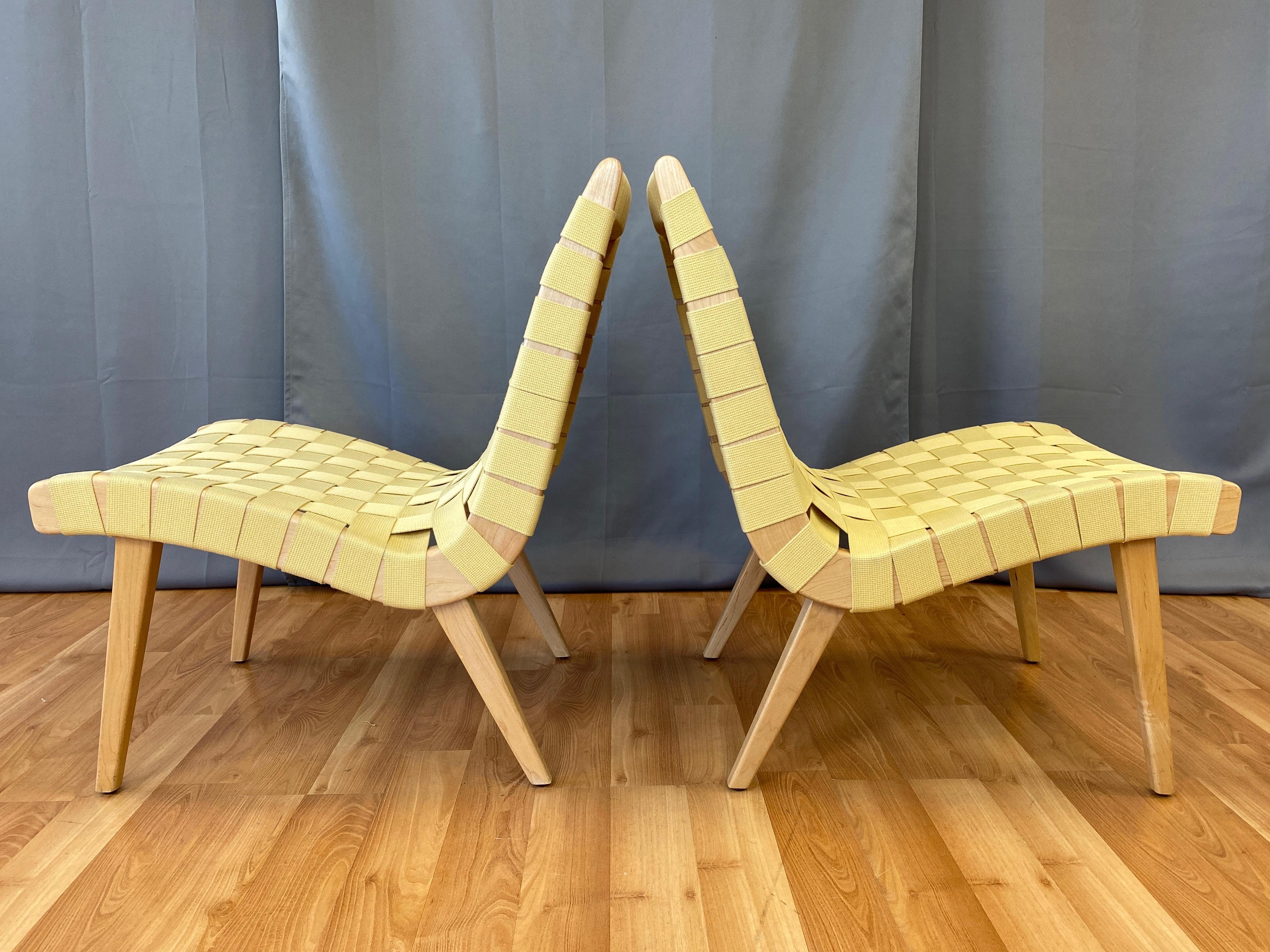 Woven Pair of Jens Risom for KnollStudio Lounge Chairs, Maple with Maize Webbing, 2013