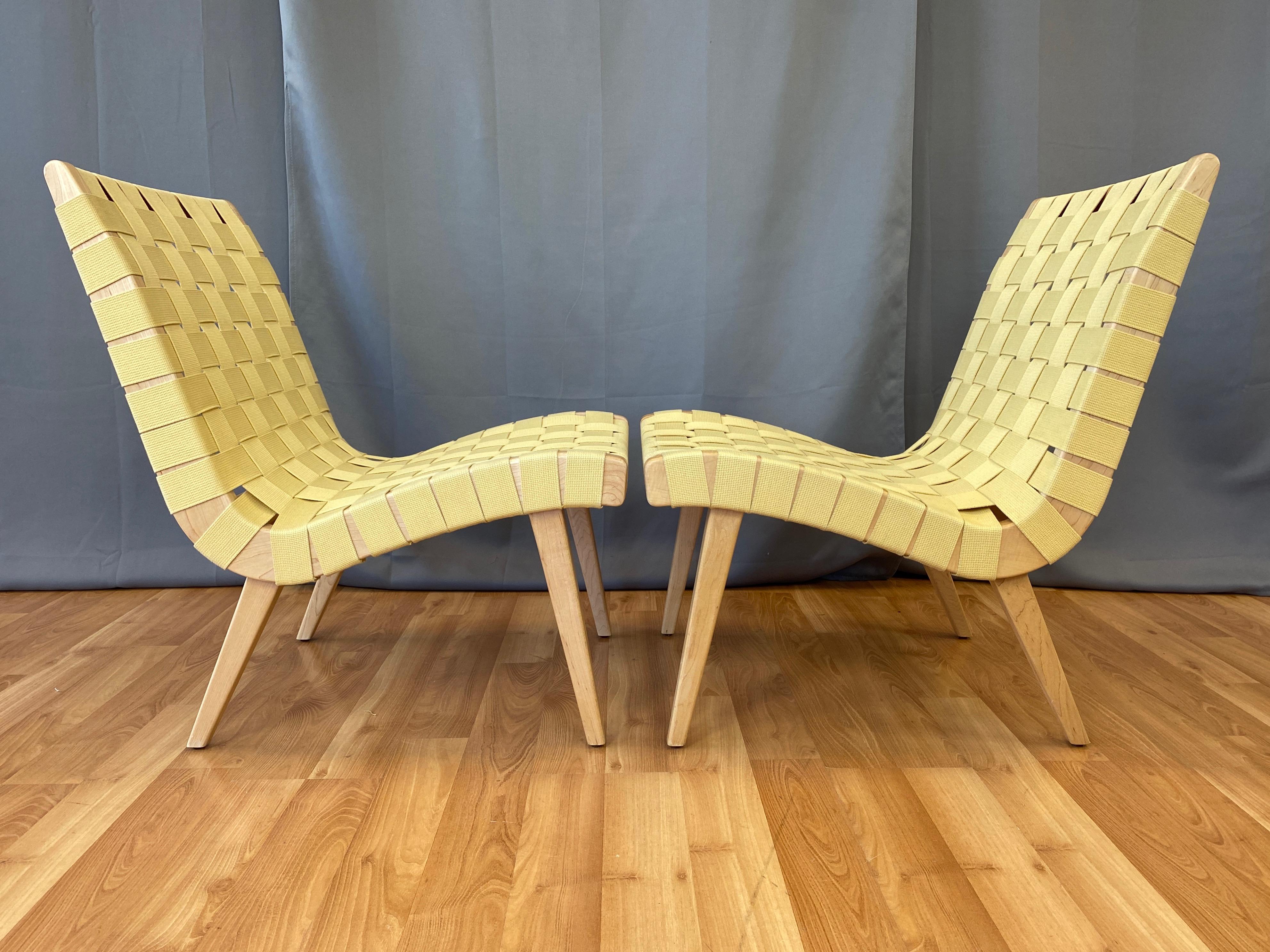 Contemporary Pair of Jens Risom for KnollStudio Lounge Chairs, Maple with Maize Webbing, 2013