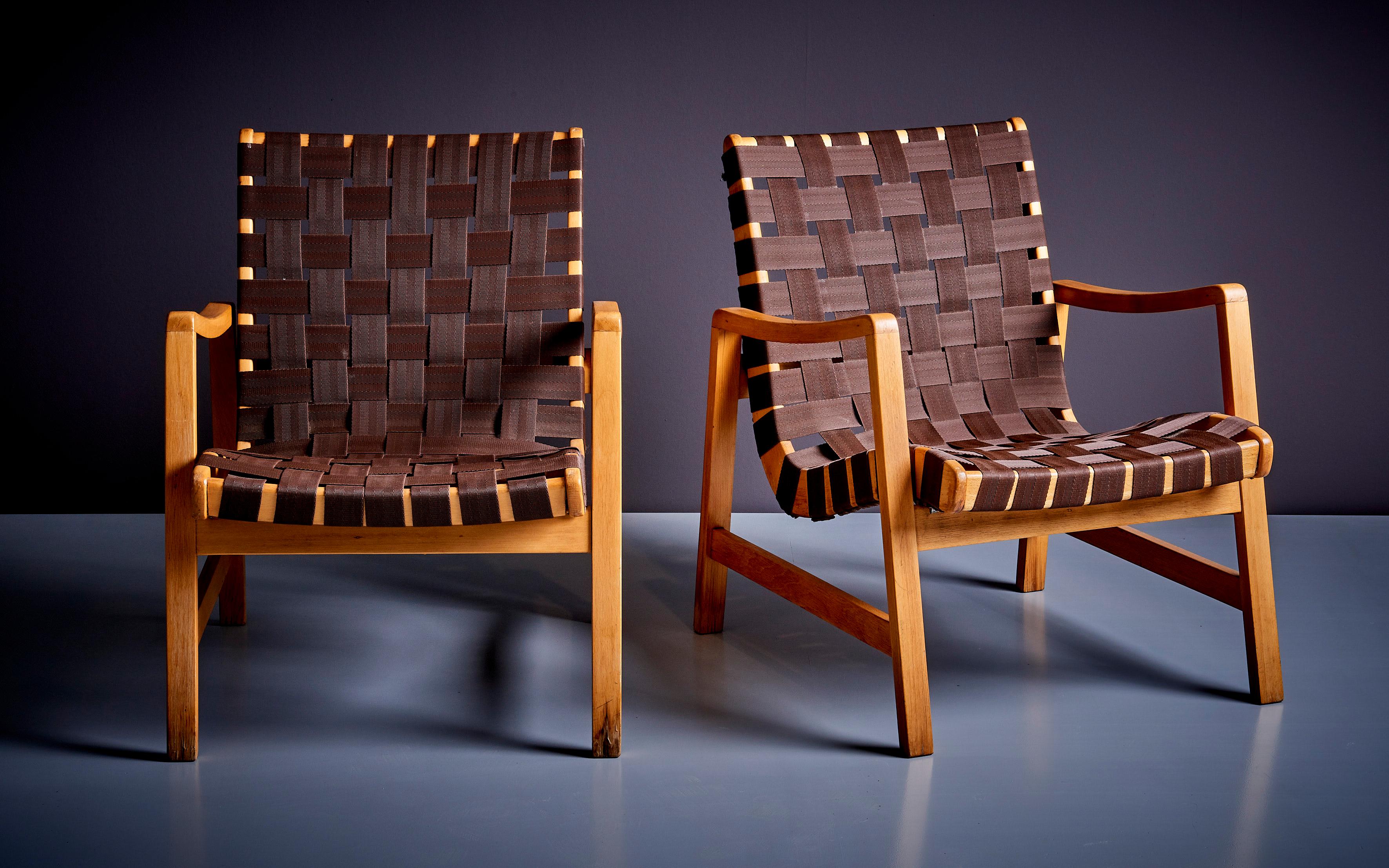 Paar Jens Risom Lounge Chairs aus braunem Gurtband für Knoll, 1950er Jahre im Angebot 4