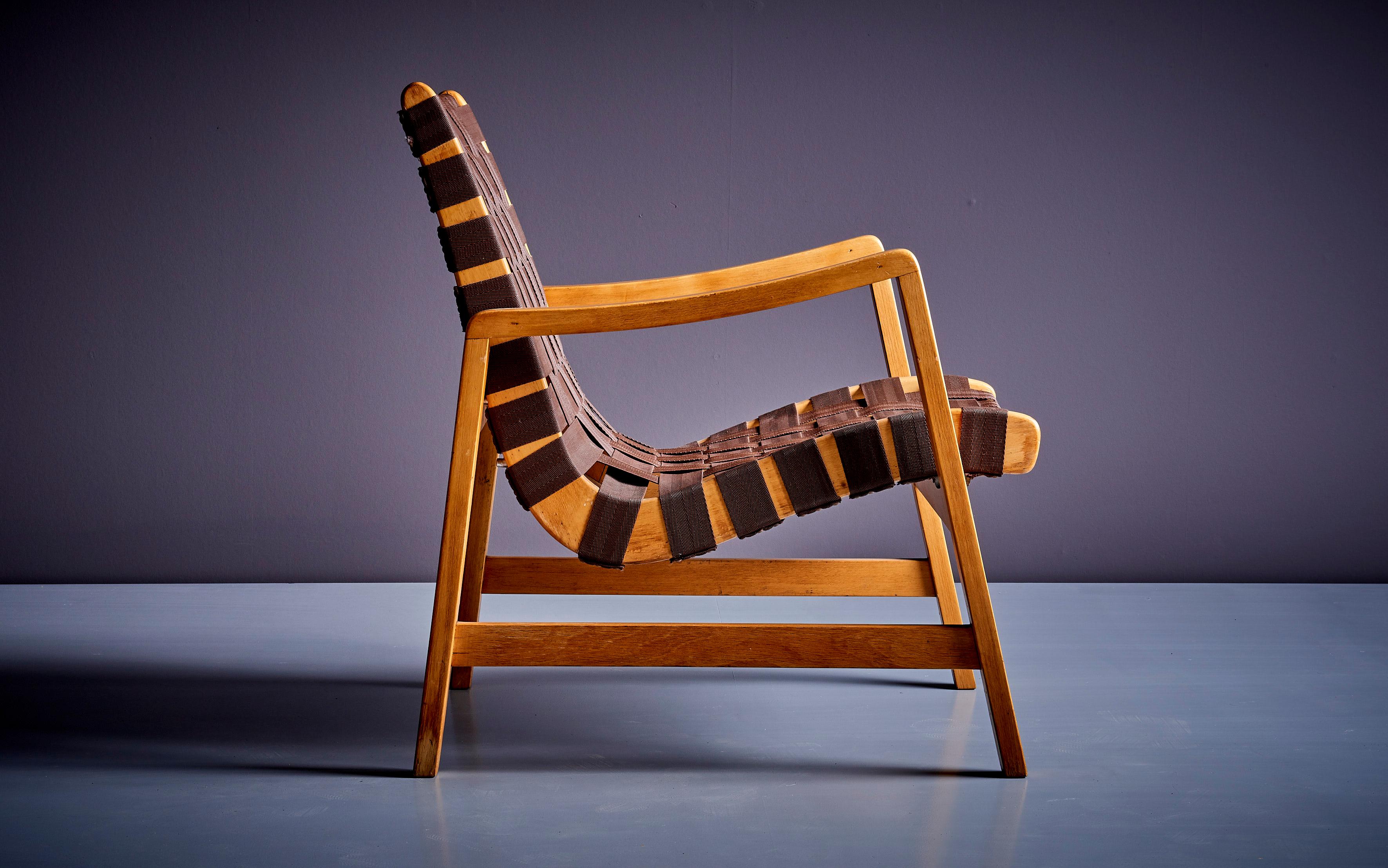 Paar Jens Risom Lounge Chairs aus braunem Gurtband für Knoll, 1950er Jahre im Angebot 1