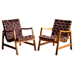 Pair of Jens Risom Lounge Chairs in brown webbing for Knoll 1950s