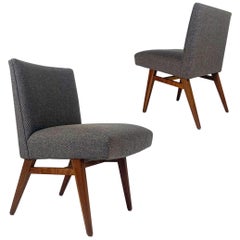 Pair of Jens Risom Model #205 Sleek Upholstered and Walnut Side or Slipper Chair