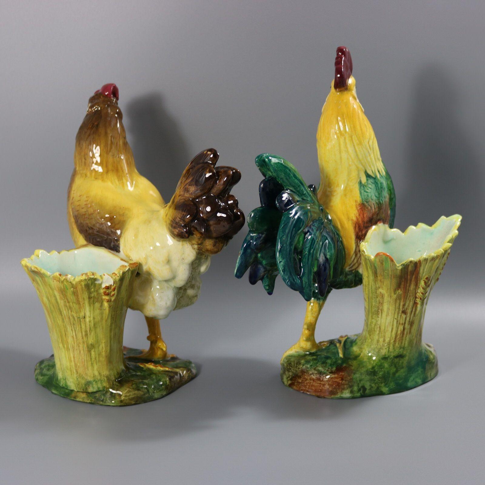 Majolica Coppia di vasi con gallina e gallo di Jerome Massier in vendita
