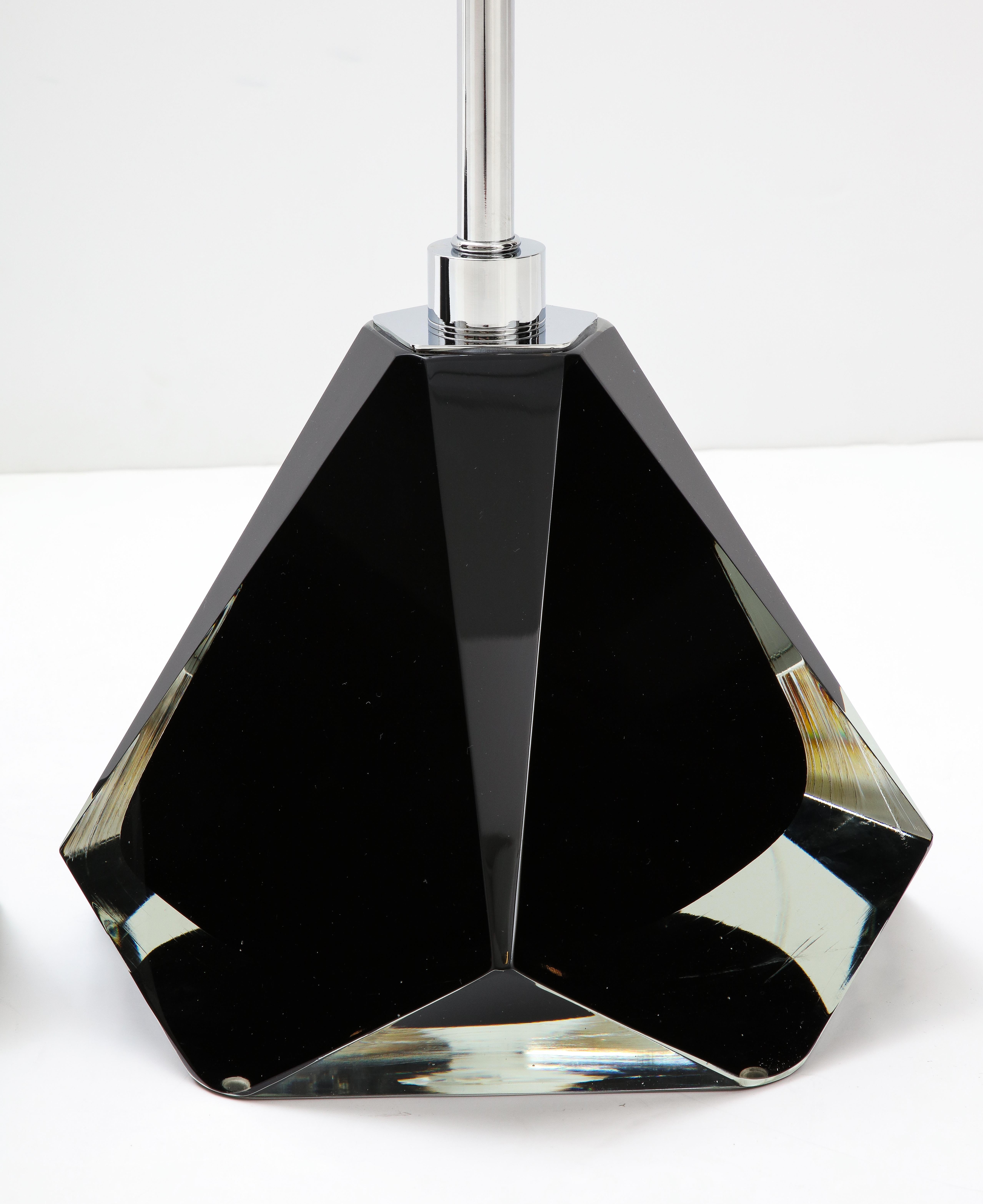Pair of Jeweled Faceted Black Solid Murano Glass and Chrome Lamps, Italy, 2022 For Sale 1