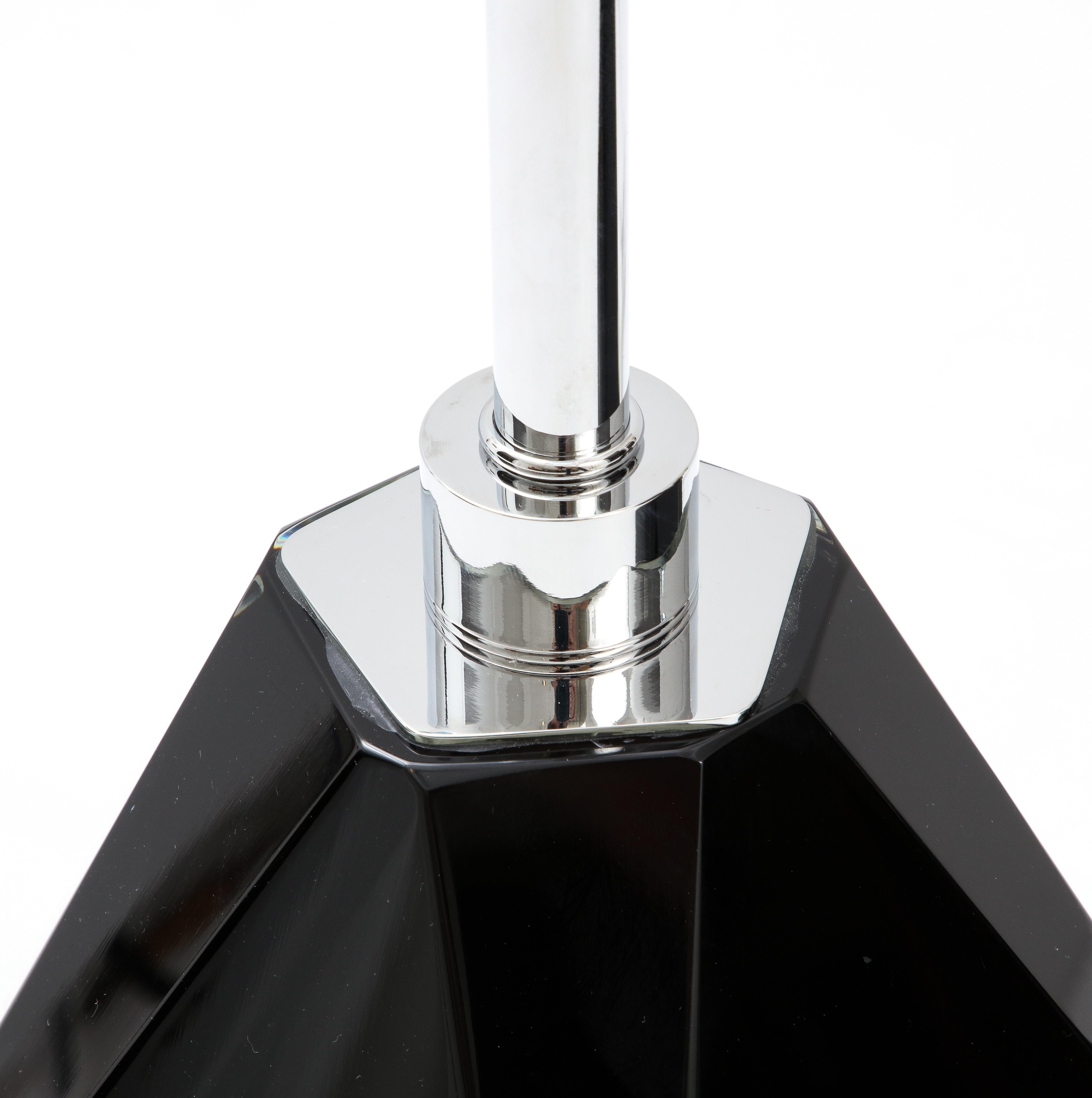 Italian Pair of Jeweled Faceted Black Solid Murano Glass and Chrome Lamps, Italy For Sale