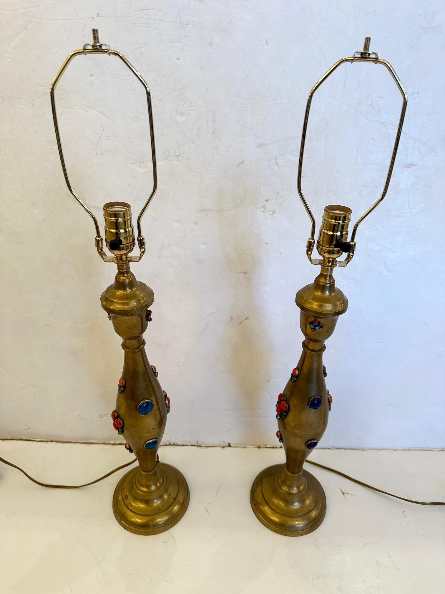 Indian Pair of Jeweled Brass Lamps with Colored Semiprecious Stones For Sale