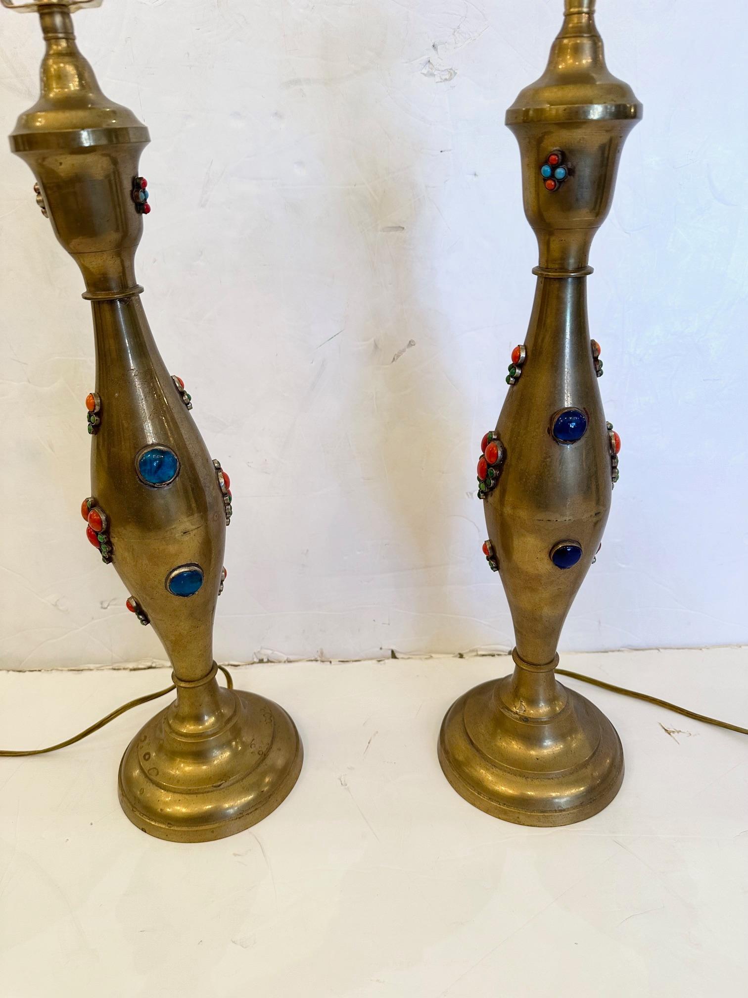 Pair of Jeweled Brass Lamps with Colored Semiprecious Stones In Good Condition For Sale In Hopewell, NJ