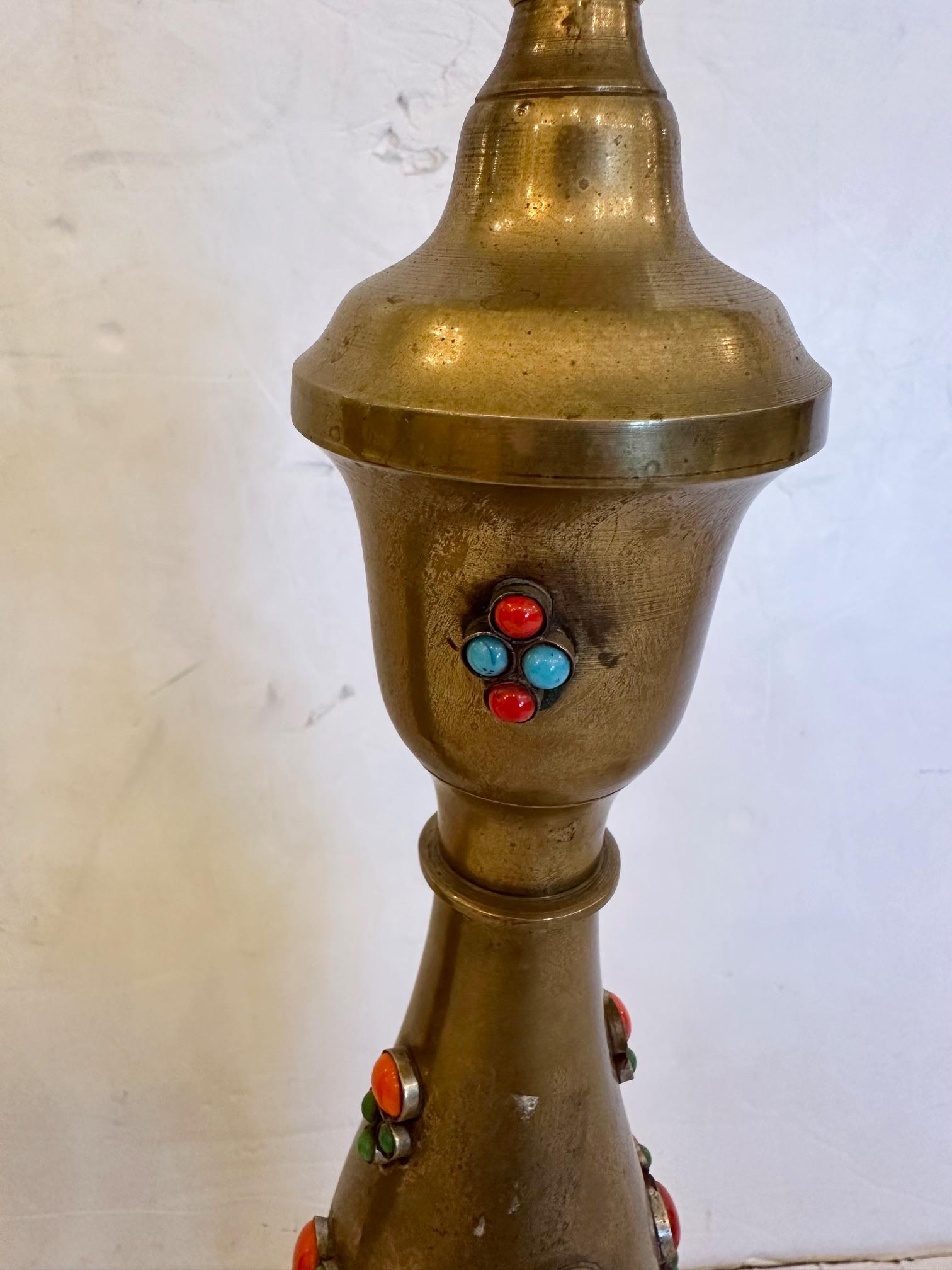 Pair of Jeweled Brass Lamps with Colored Semiprecious Stones For Sale 1