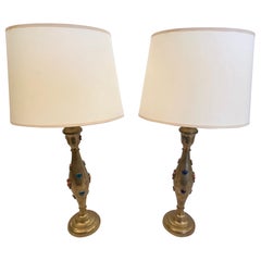 Vintage Pair of Jeweled Brass Lamps with Colored Semiprecious Stones