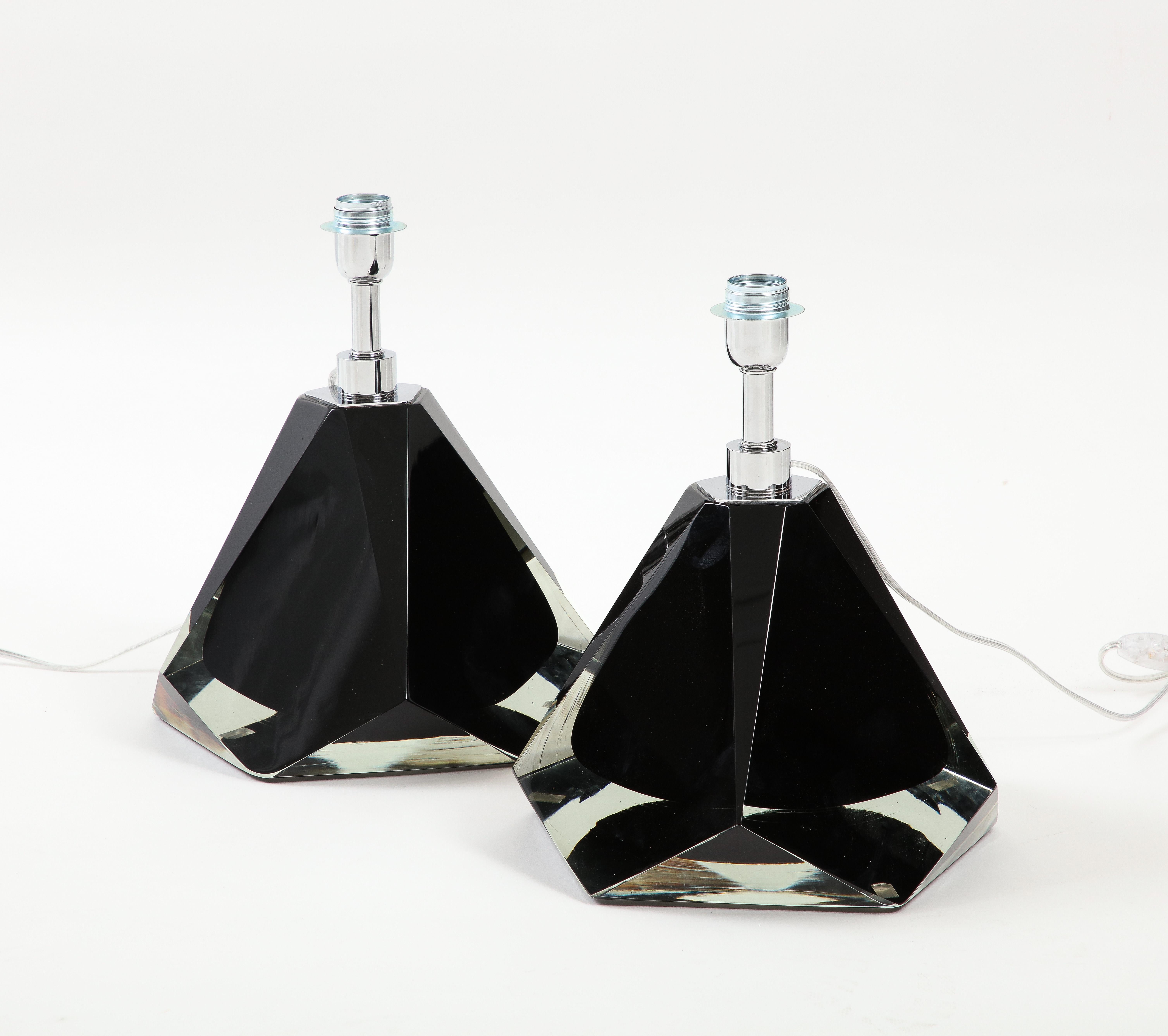 Pair of Jeweled Faceted Black Solid Murano Glass and Chrome Lamps, Italy, 2022 For Sale 4