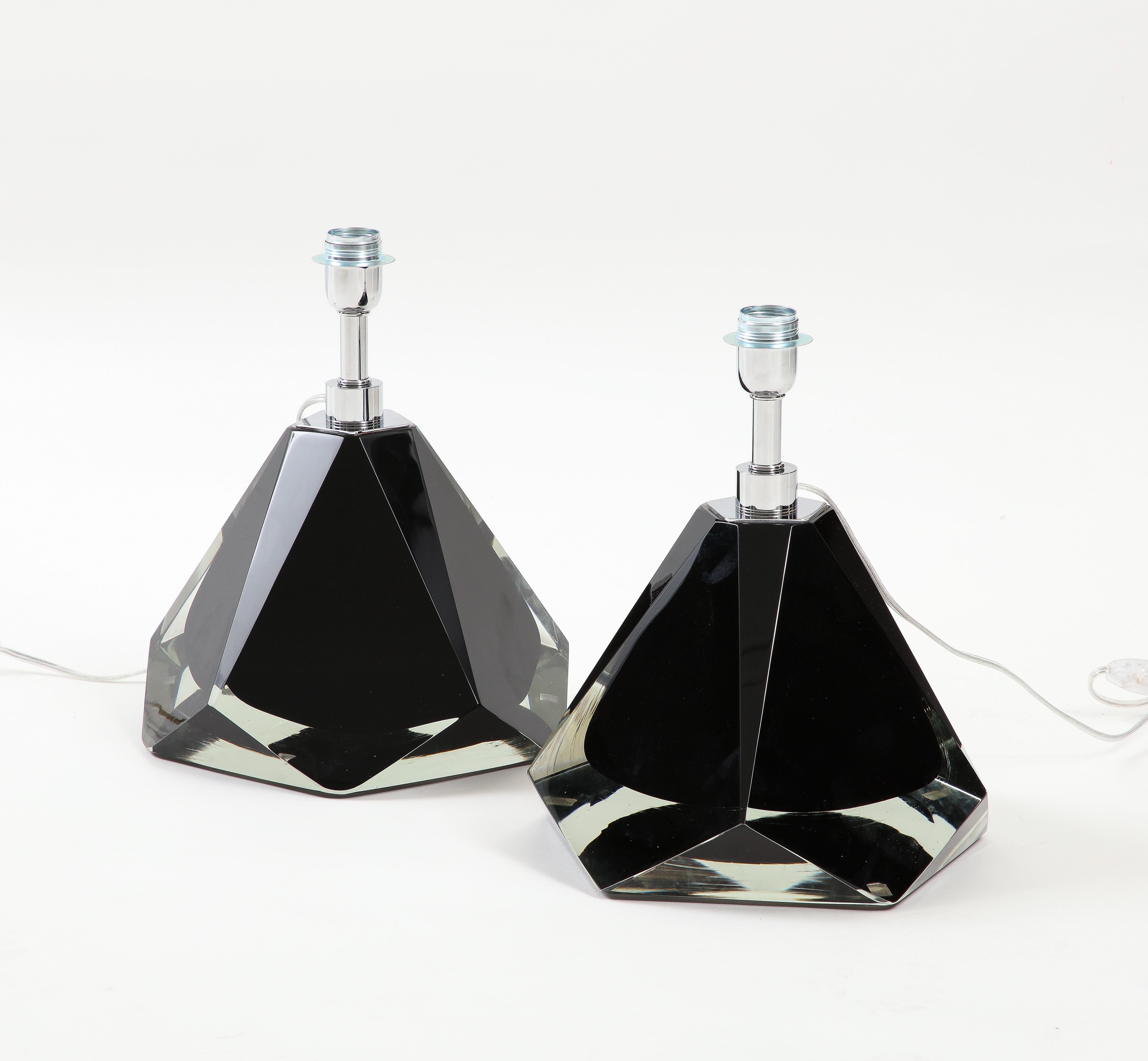 Pair of Jeweled Faceted Black Solid Murano Glass and Chrome Lamps, Italy For Sale 5