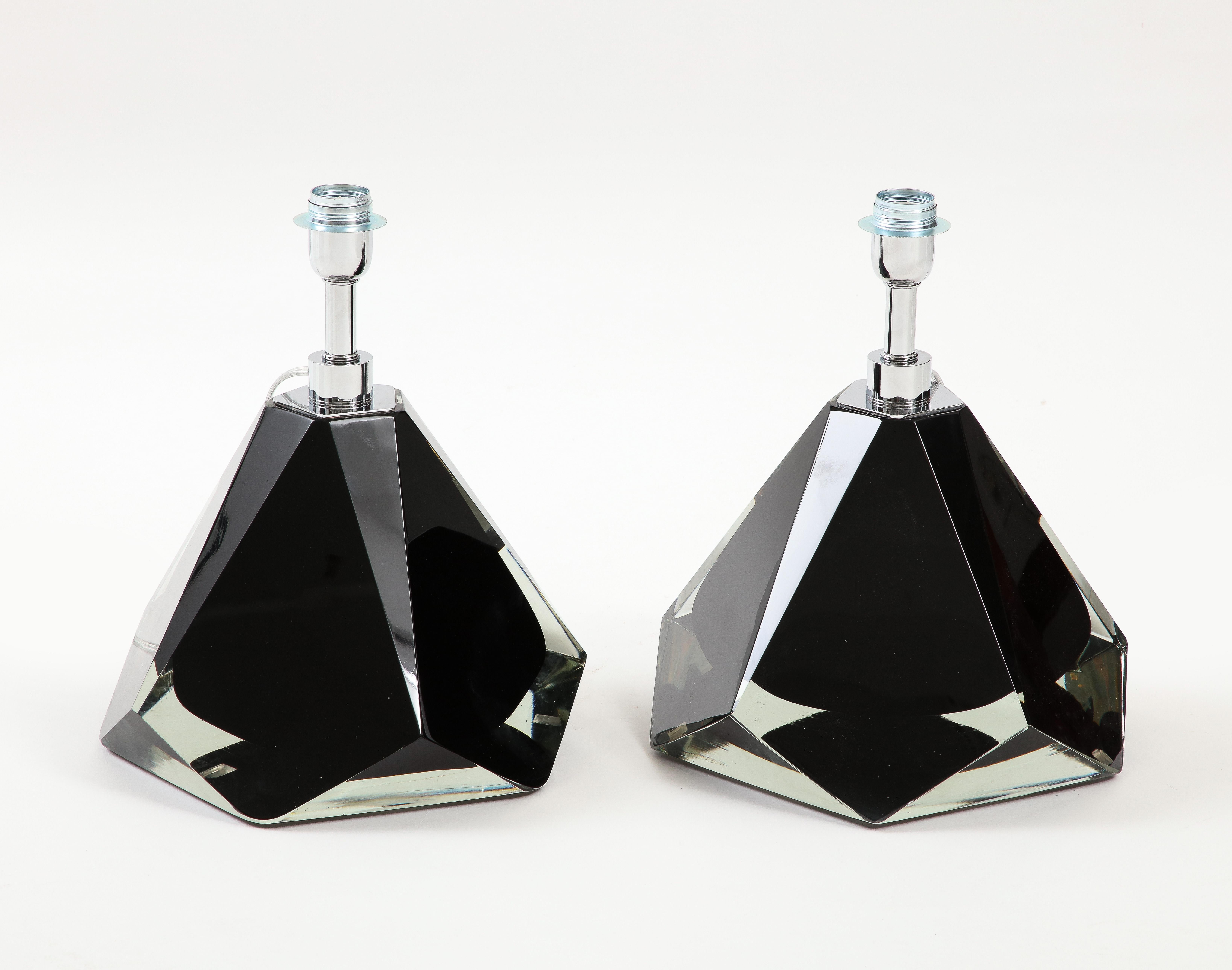 Pair of Jeweled Faceted Black Solid Murano Glass and Chrome Lamps, Italy, 2022 For Sale 2