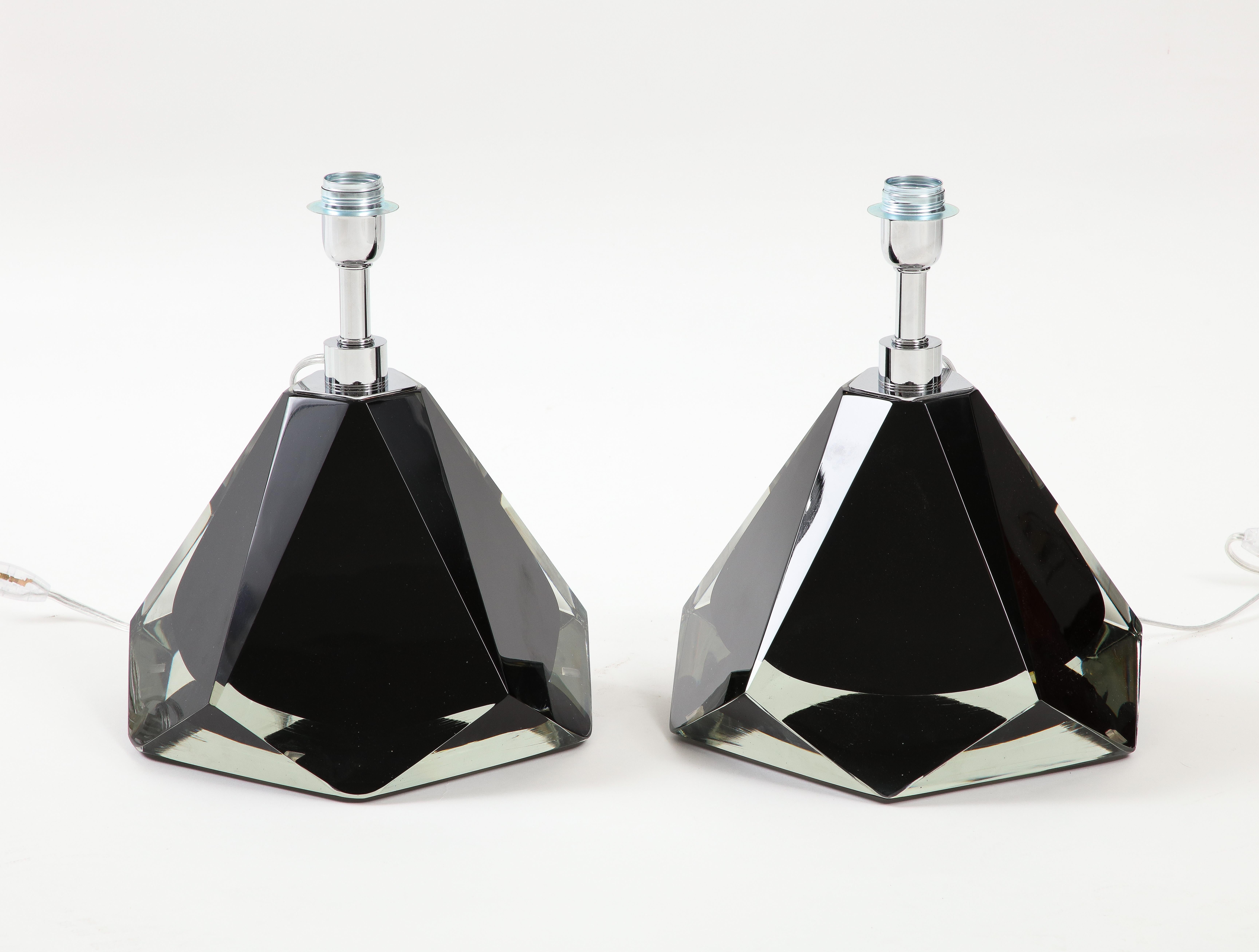 Pair of Jeweled Faceted Black Solid Murano Glass and Chrome Lamps, Italy For Sale 3