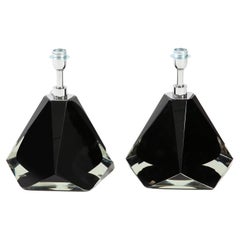 Pair of Jeweled Faceted Black Solid Murano Glass and Chrome Lamps, Italy, 2022