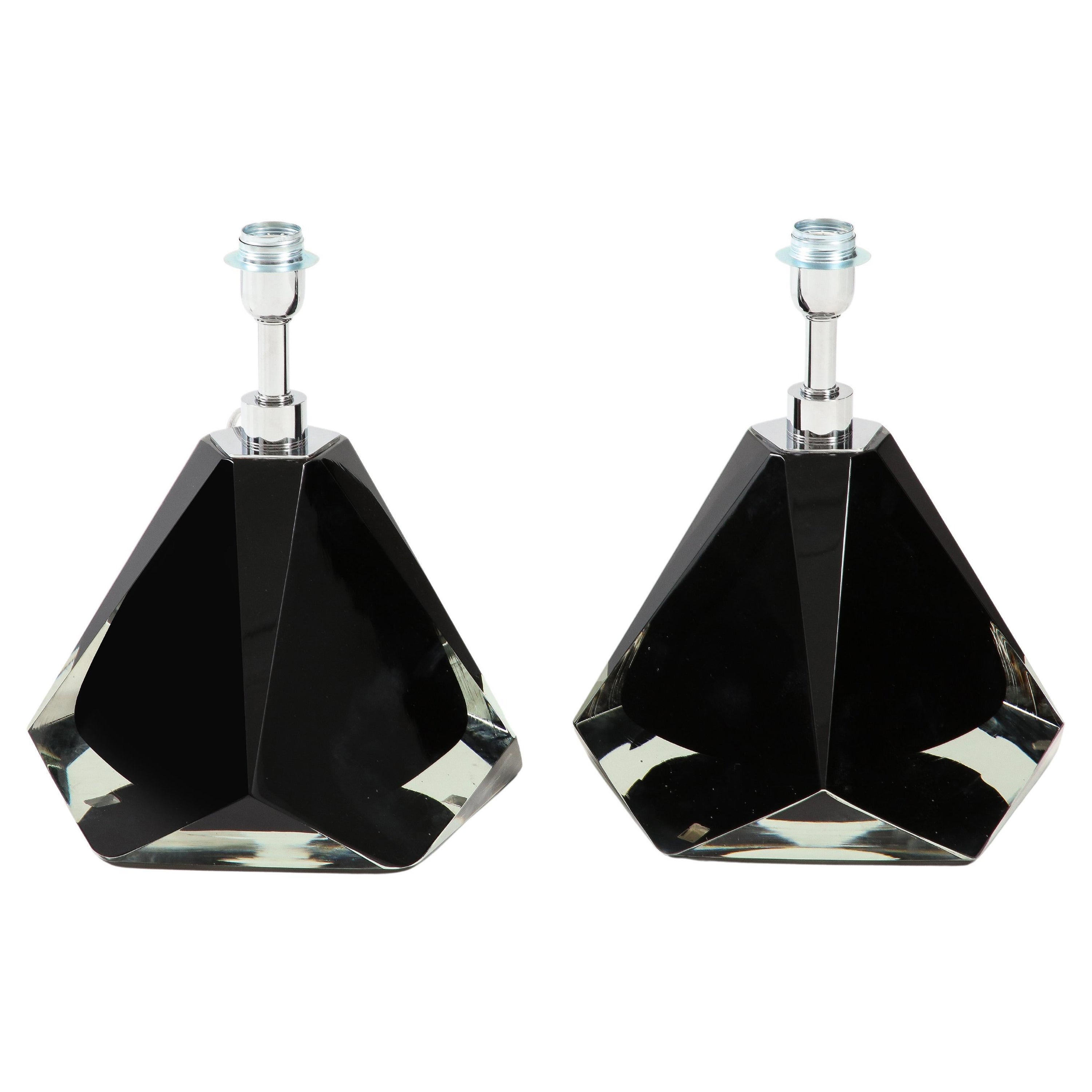 Paire de lampes de Murano noires facettées et ornées de bijoux, Italie