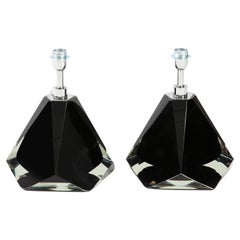 Pair of Jeweled Faceted Black Solid Murano Glass and Chrome Lamps, Italy