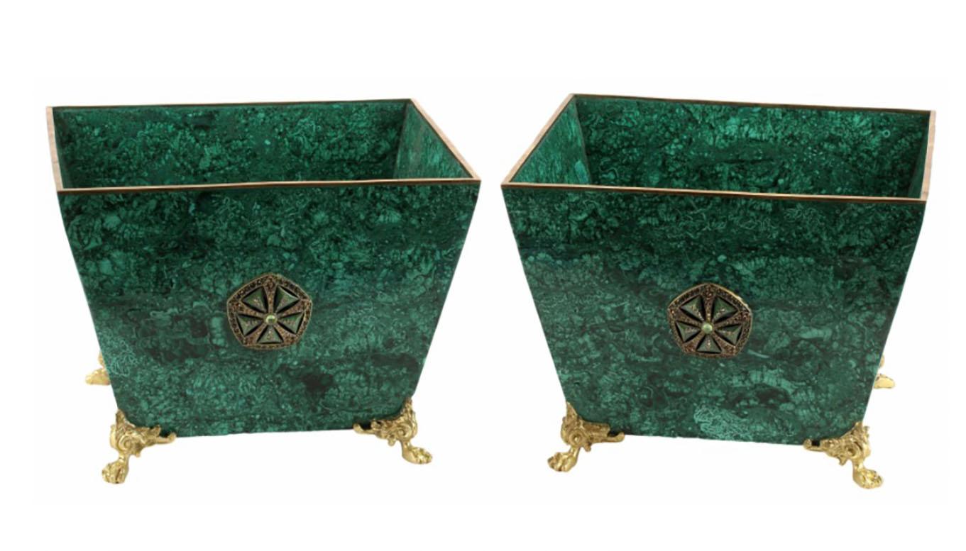 Empire Pair of Jeweled Malachite Veneered Square Cache Pots For Sale