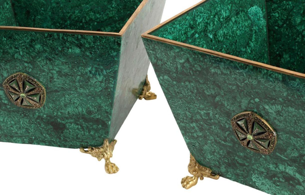 European Pair of Jeweled Malachite Veneered Square Cache Pots For Sale