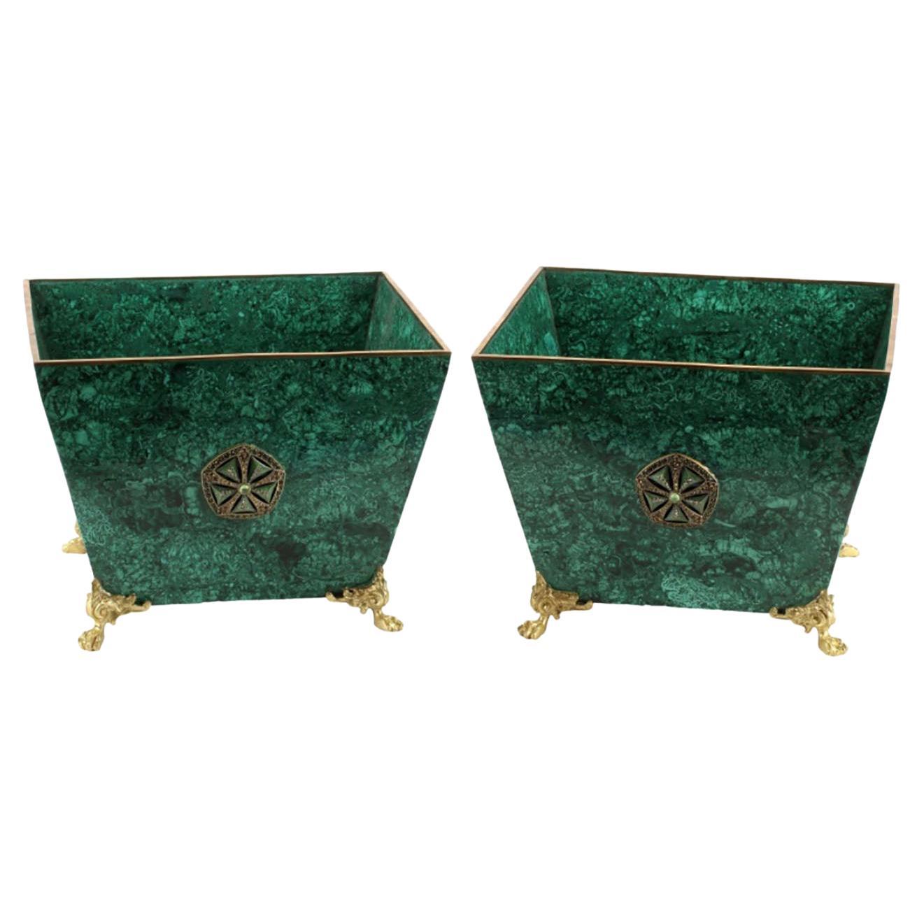 Pair of Jeweled Malachite Veneered Square Cache Pots For Sale