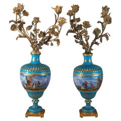 Antique Pair of Jeweled Turquoise Hand Painted Porcelain Sèvres Candelabras