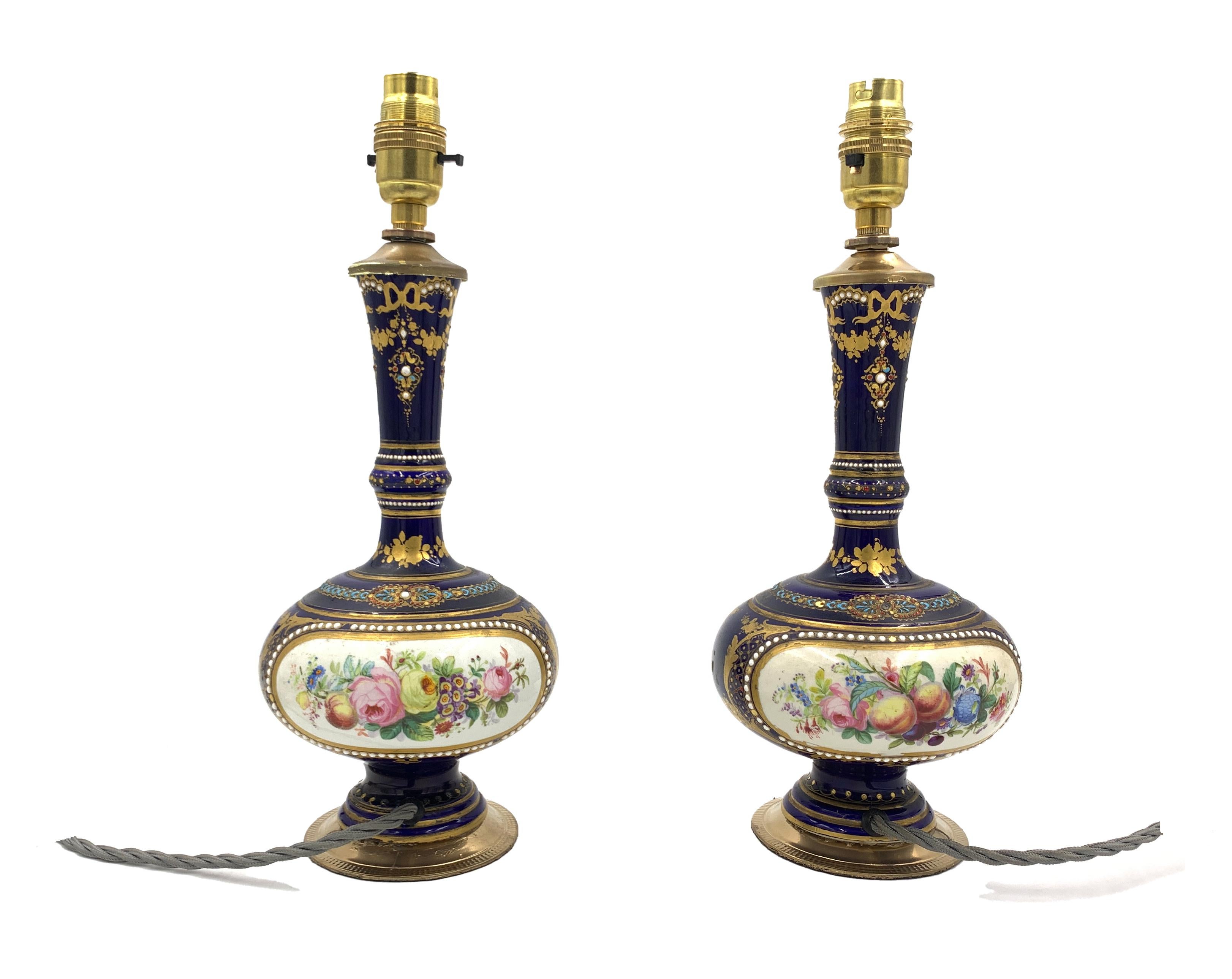 French Pair of Jewelled Porcelain Lamps