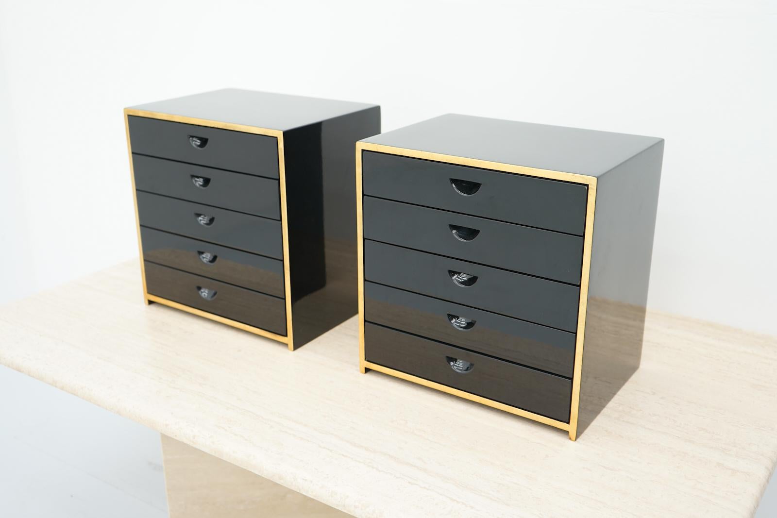 Mid-Century Modern Pair of Jewelry Cabinets in Black Lacquer Attr. to Jean-Claude Mahey