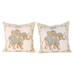 Pair of Jim Thompson British Colonial Style Silk Pillows with Elephants
