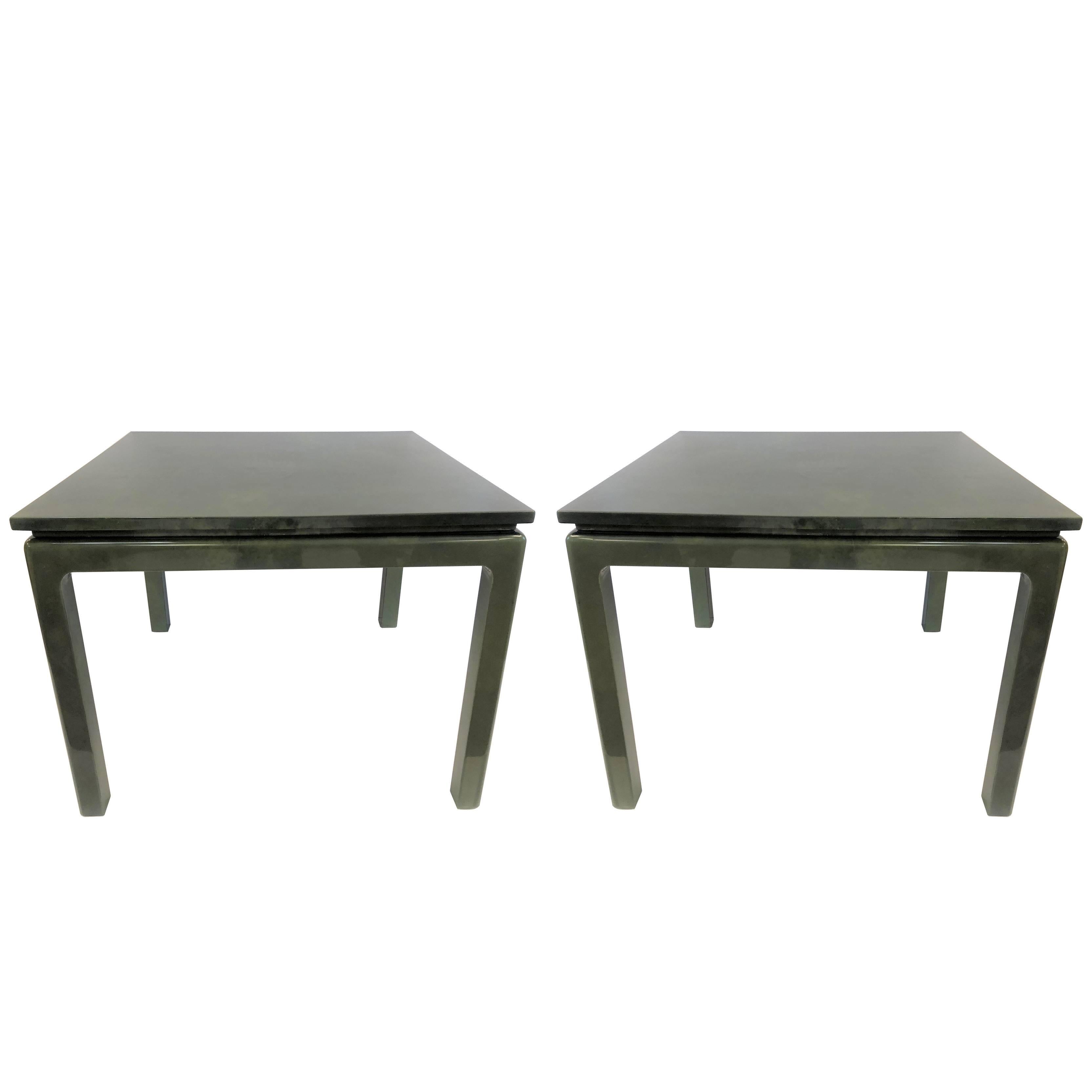 Pair of Jimeco ltda lacquered goatskin game tables in green. Karl Springer style.