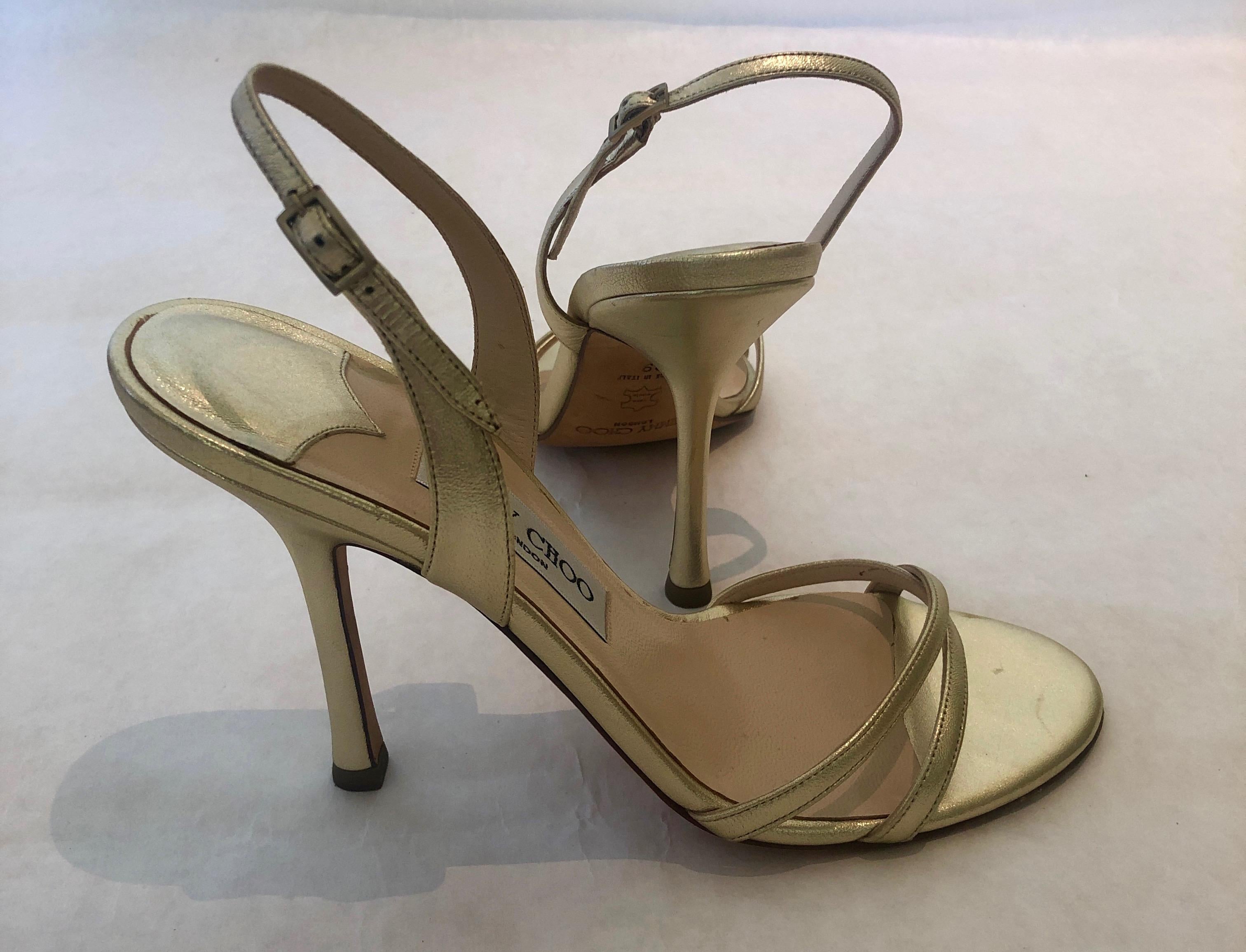 Pair of Jimmy Choo Lance Strappy Metallic Gold Stiletto Leather Sandal  For Sale 2