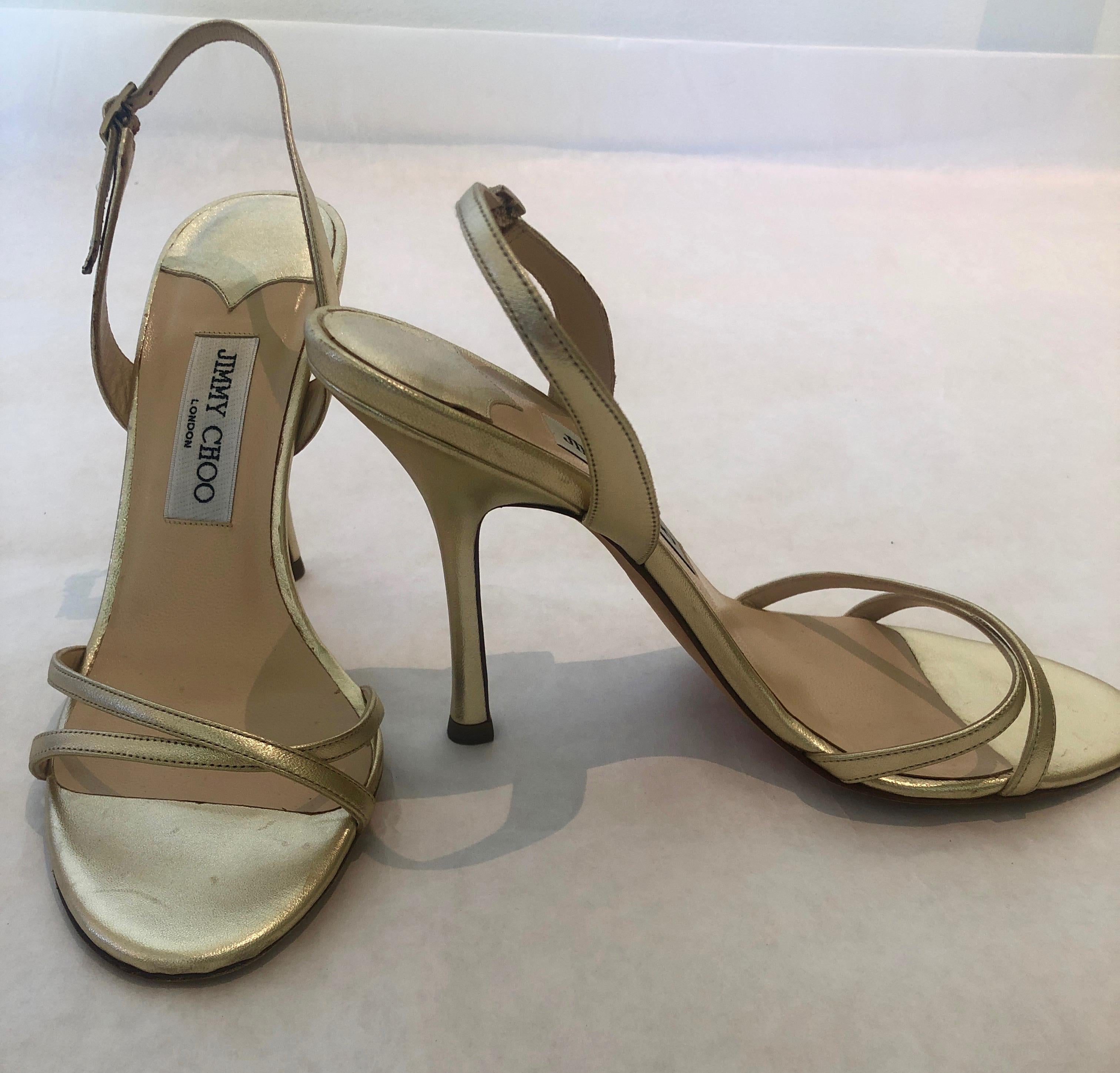Pair of Jimmy Choo Lance Strappy Metallic Gold Stiletto Leather Sandal  For Sale 3