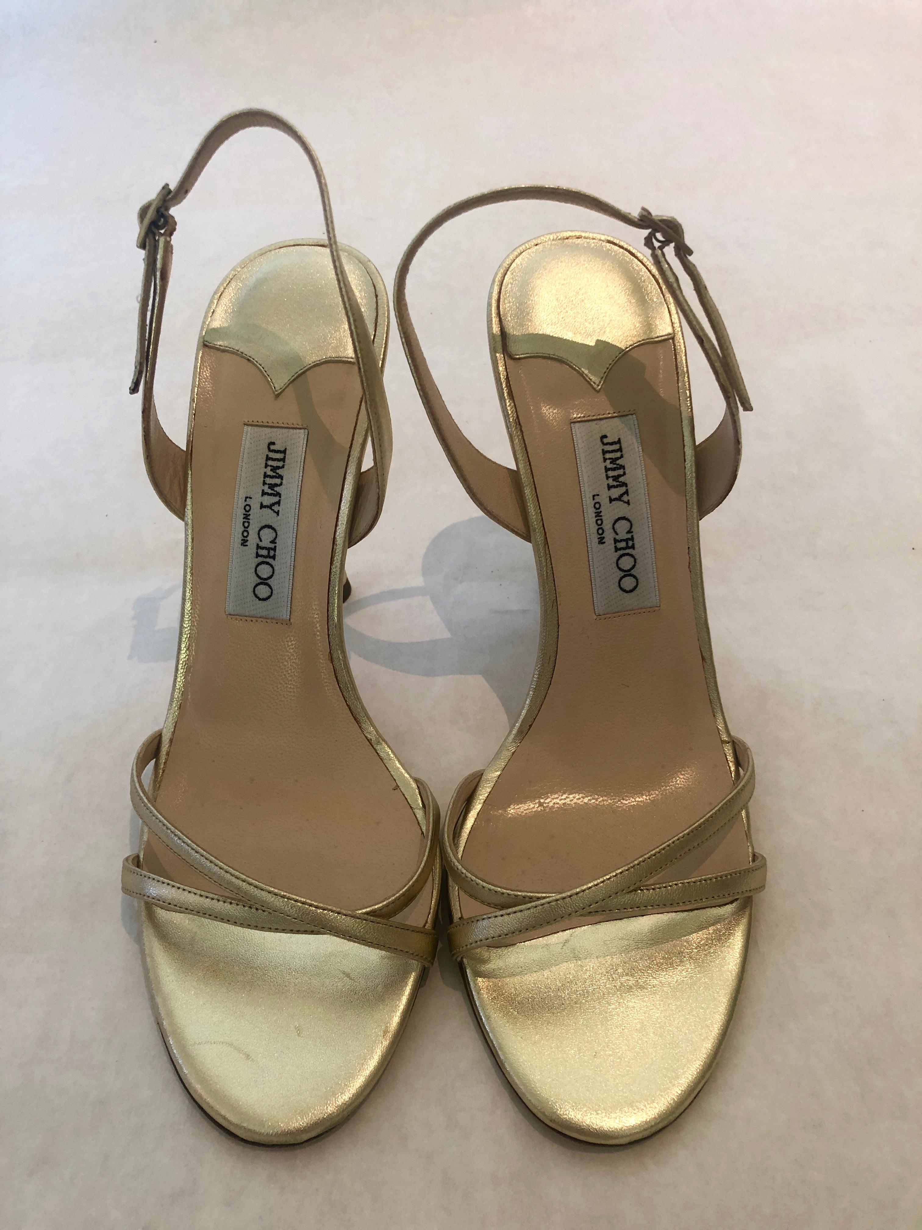 Pair of Jimmy Choo Lance Strappy Metallic Gold Stiletto Leather Sandal  For Sale 4