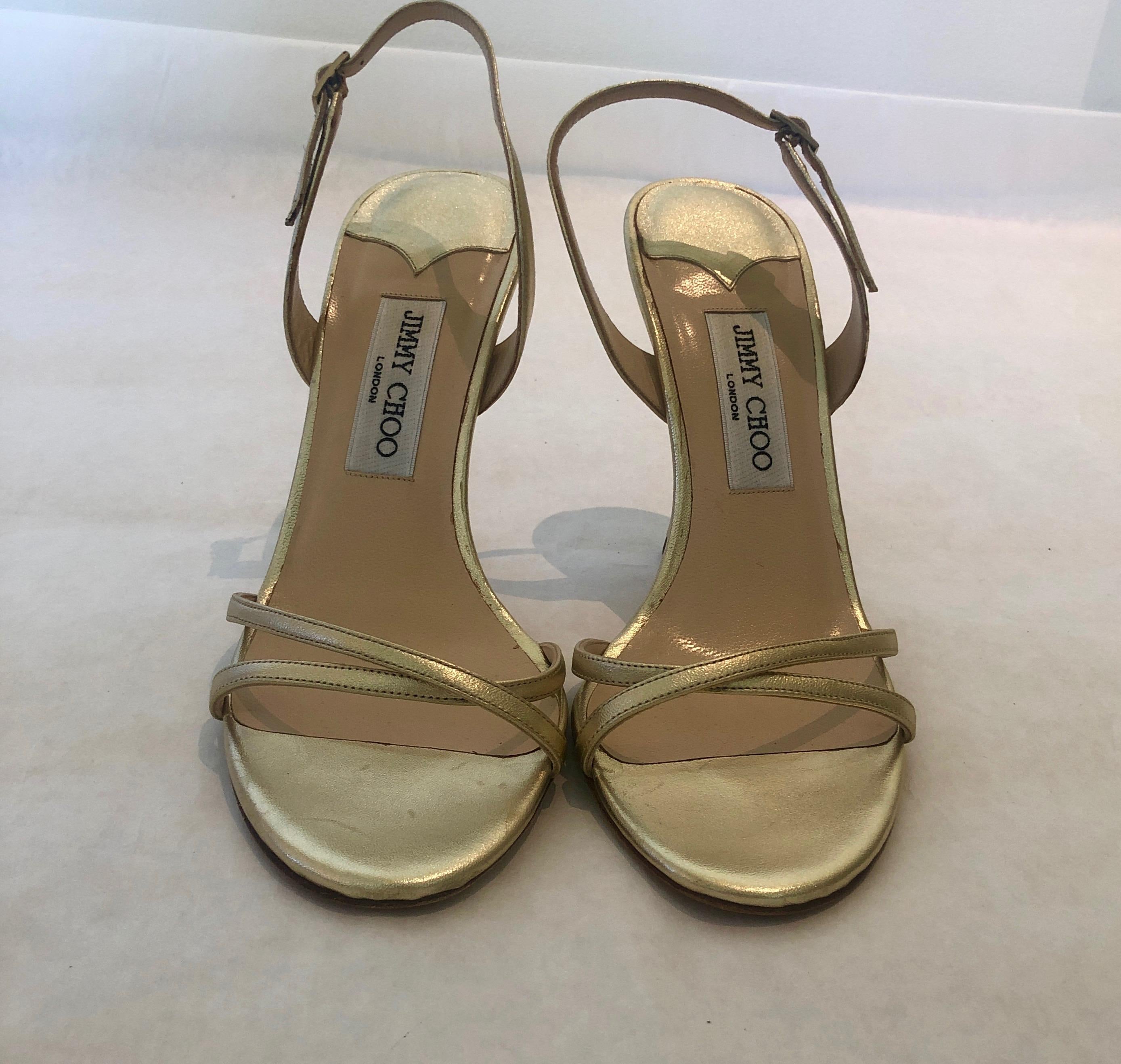 Pair of Jimmy Choo Lance Strappy Metallic Gold Stiletto Leather Sandal  For Sale 5