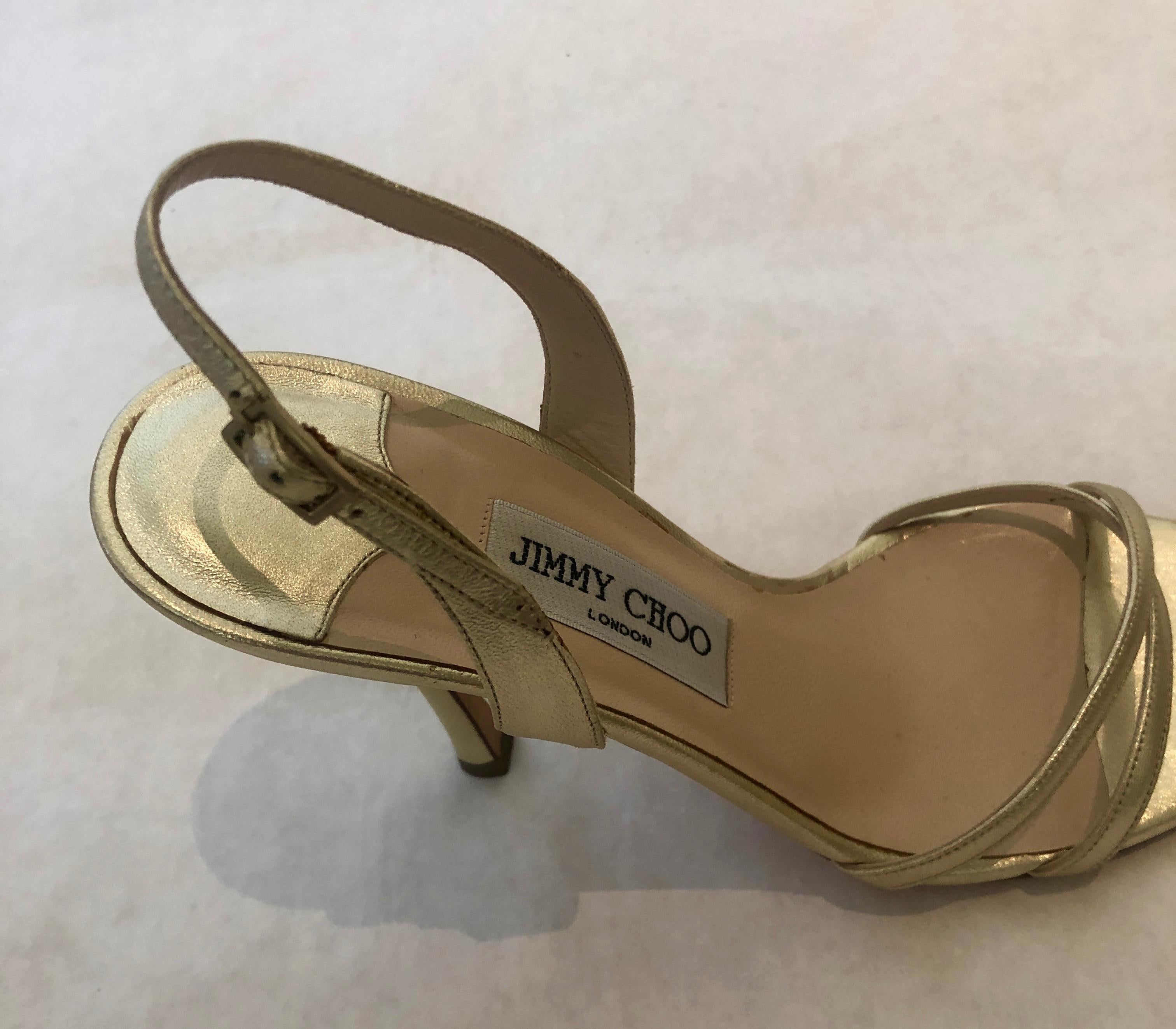 Pair of Jimmy Choo Lance Strappy Metallic Gold Stiletto Leather Sandal  For Sale 11