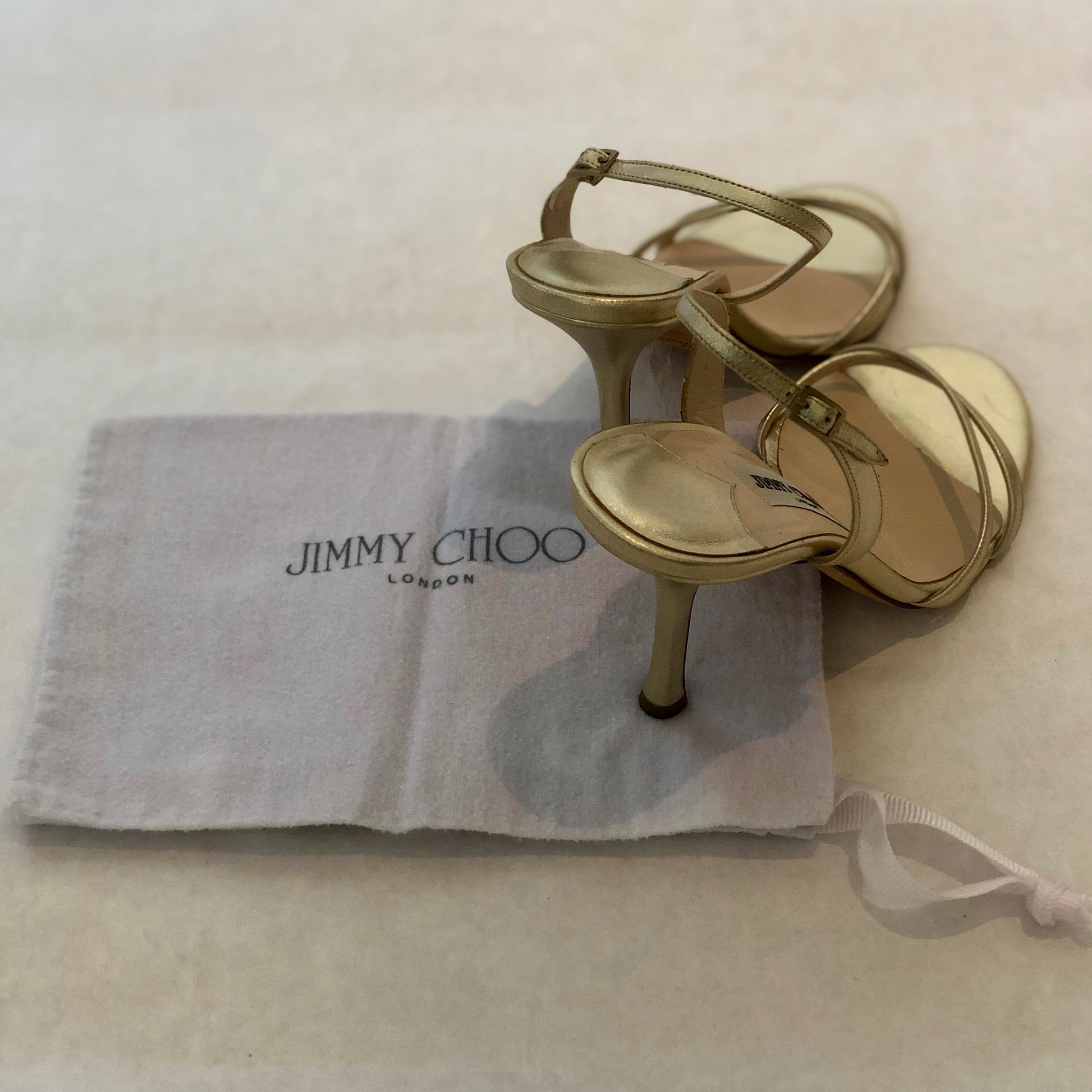 Pair of Jimmy Choo Lance Strappy Metallic Gold Stiletto Leather Sandal  For Sale 12