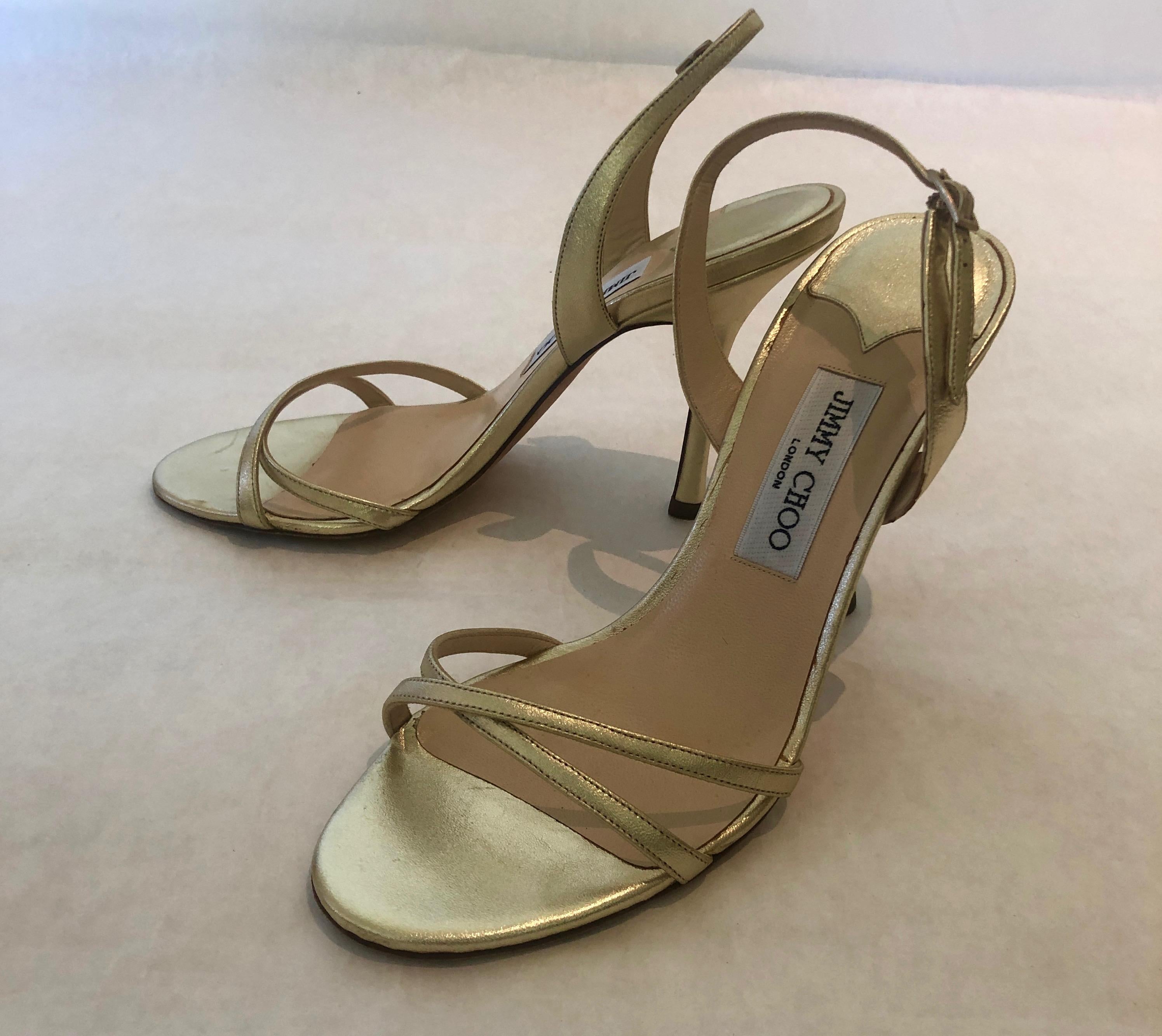 Pair of Jimmy Choo Lance Strappy Metallic Gold Stiletto Leather Sandal  In Good Condition For Sale In Houston, TX