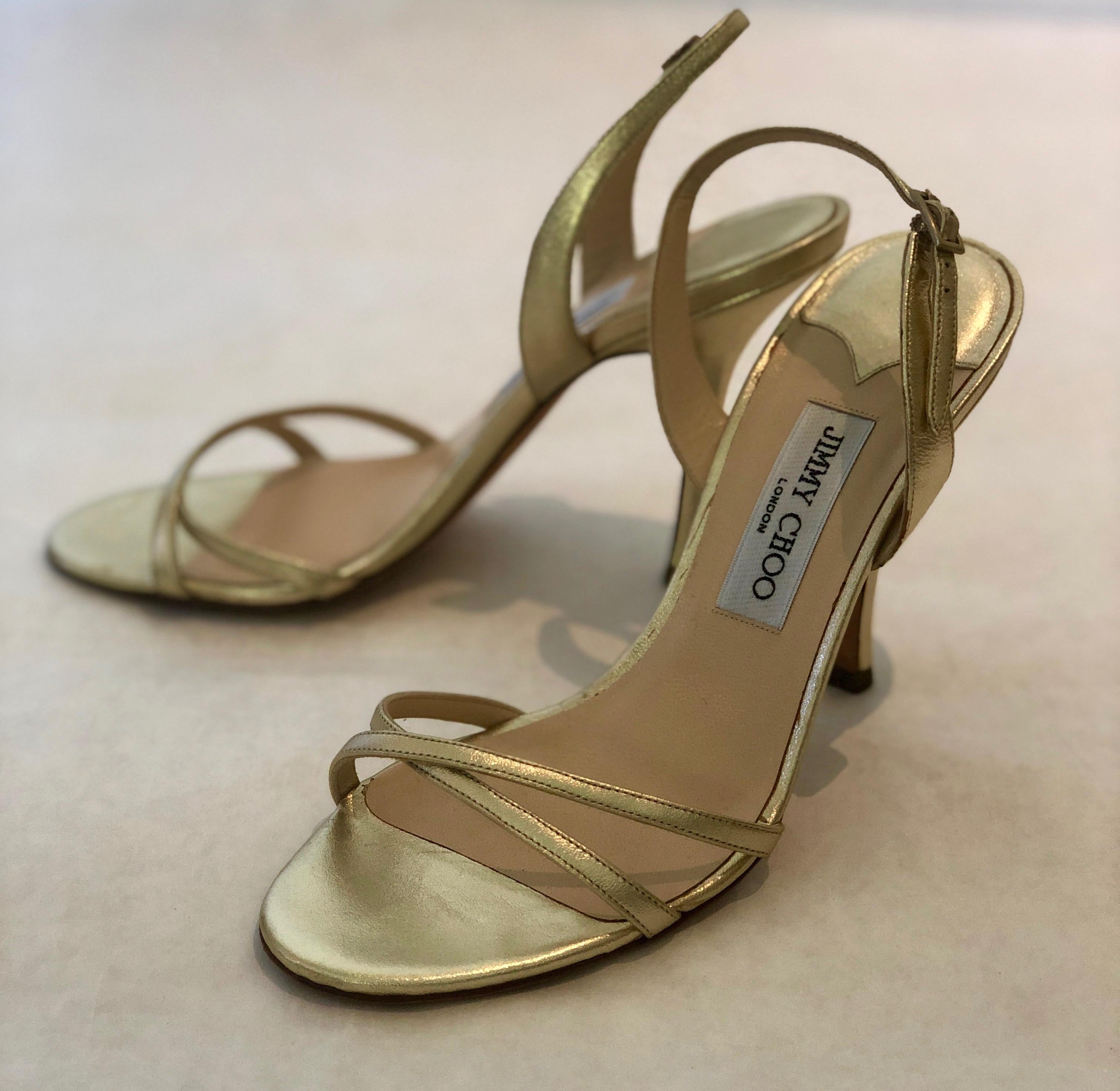 Women's Pair of Jimmy Choo Lance Strappy Metallic Gold Stiletto Leather Sandal  For Sale