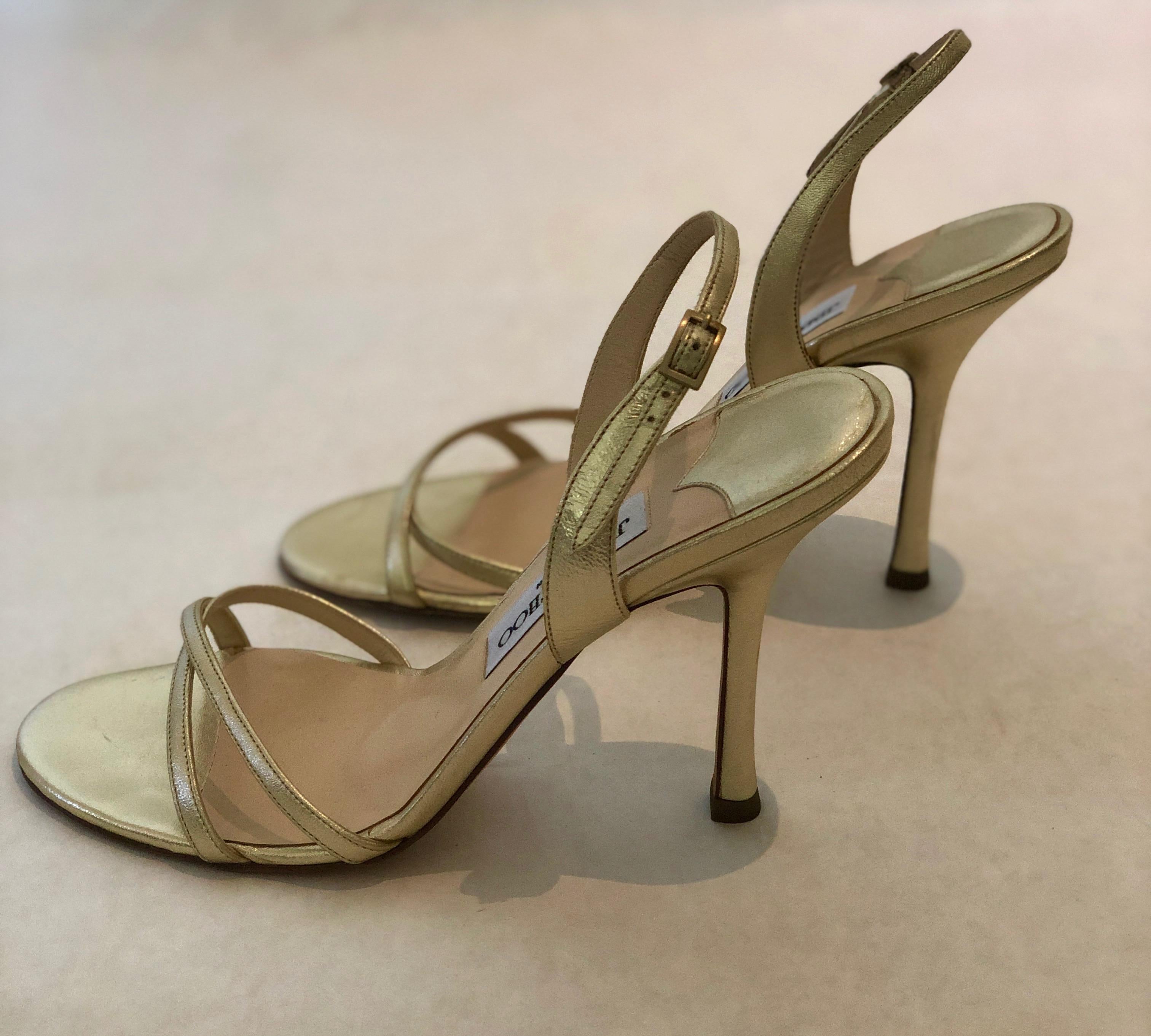 Pair of Jimmy Choo Lance Strappy Metallic Gold Stiletto Leather Sandal  For Sale 1
