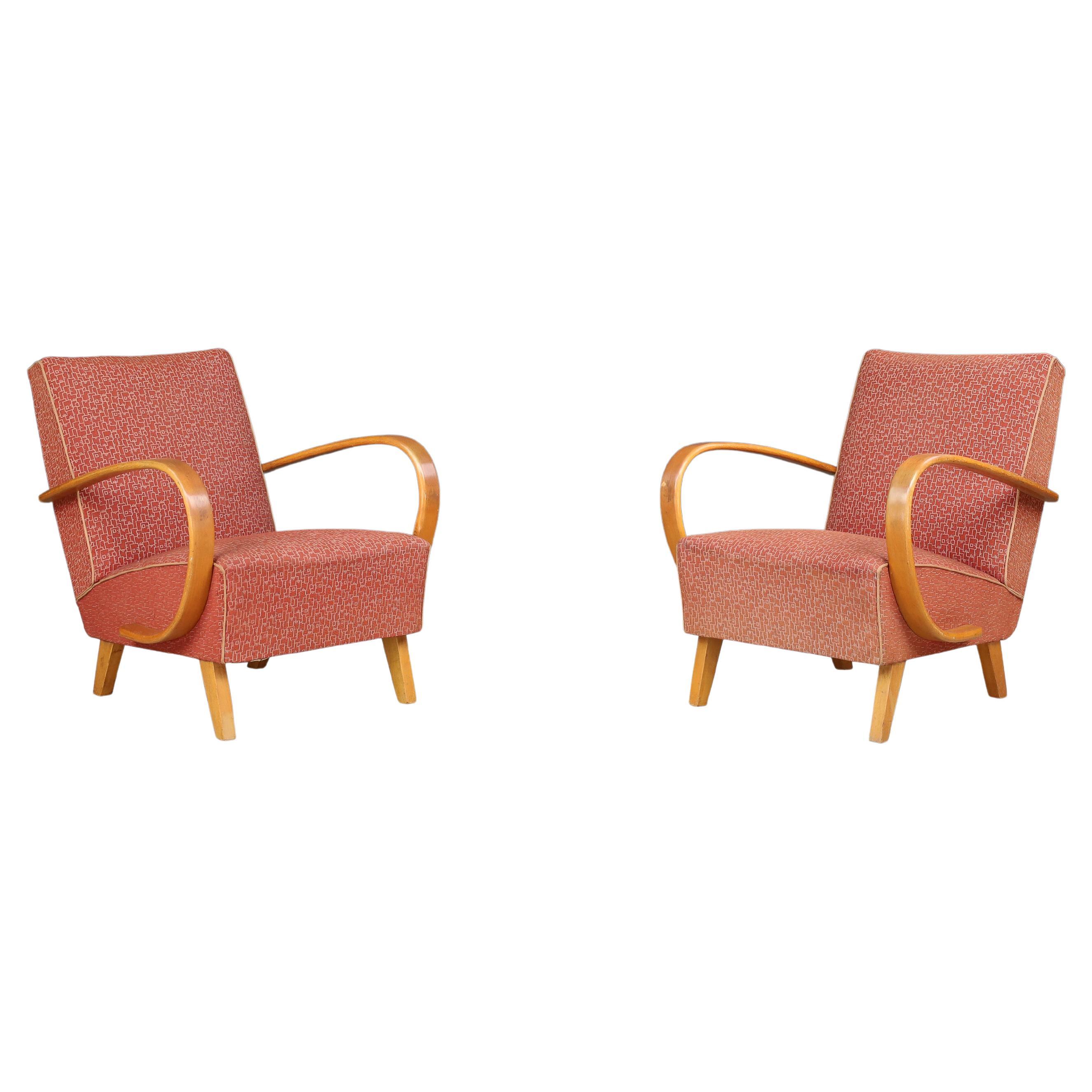 Pair of Jindřich Halabala Armchairs with Blond Bentwood Arms & Orig. Upholstery