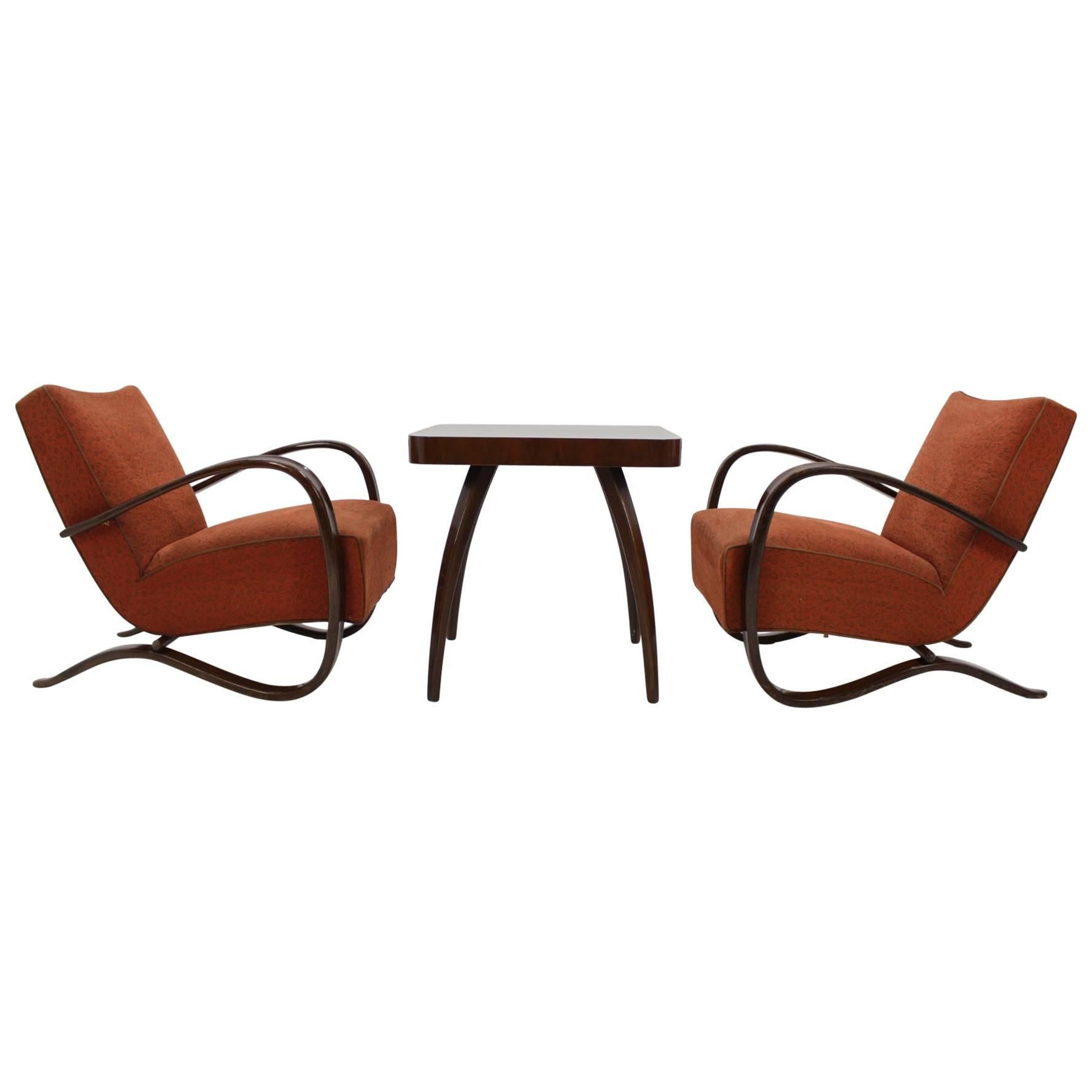 Pair of Jindrich Halabala Art Deco Armchairs H-269 and Coffee "Spider" Table