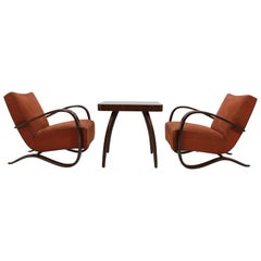 Pair of Jindrich Halabala Art Deco Armchairs H-269 and Coffee "Spider" Table
