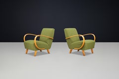 Pair of Jindřich Halabala Bentwood Armchairs, Prague, 1940s in Green Fabric